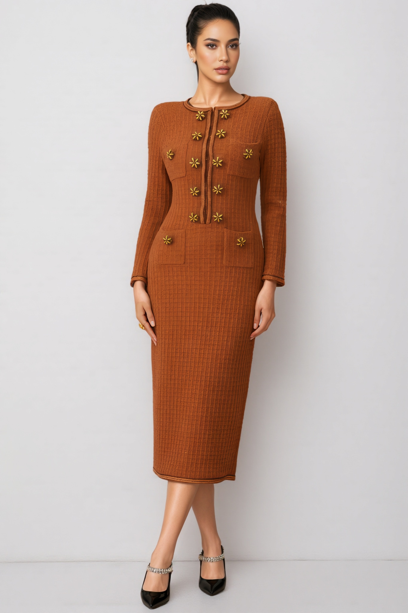 Tereza Crystal Button Tweed Midi Dress