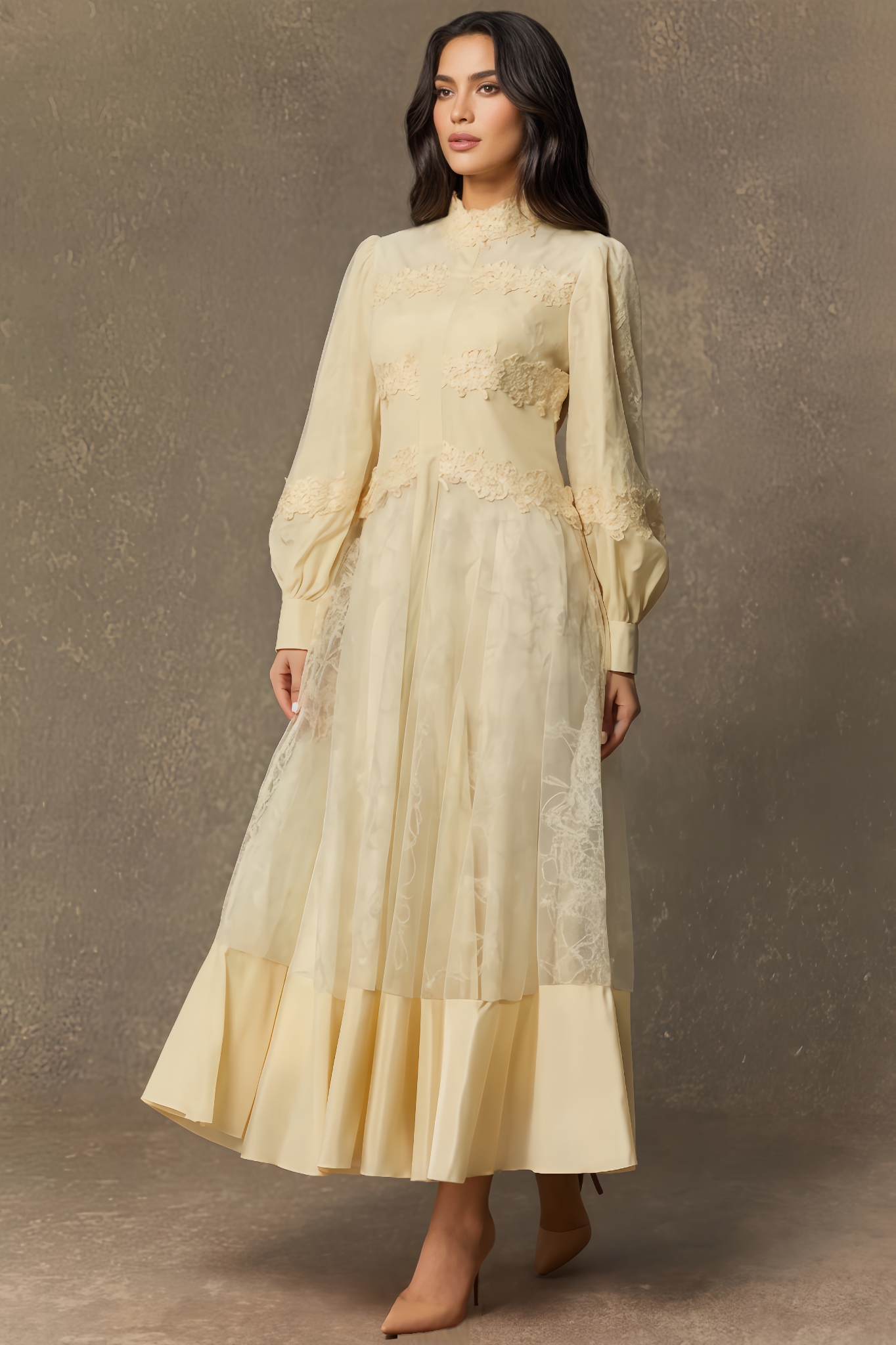 Dizzt Lace Embroidered Lantern Sleeve Maxi Dress