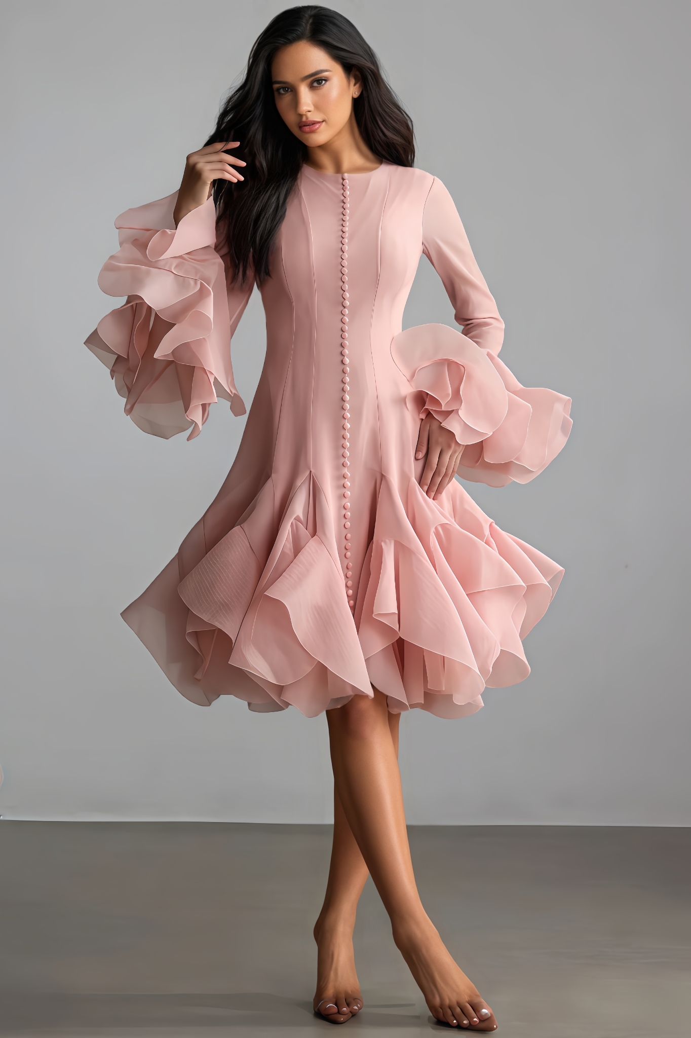 Tarynl Long-Sleeve Flared-Hem Midi Dress