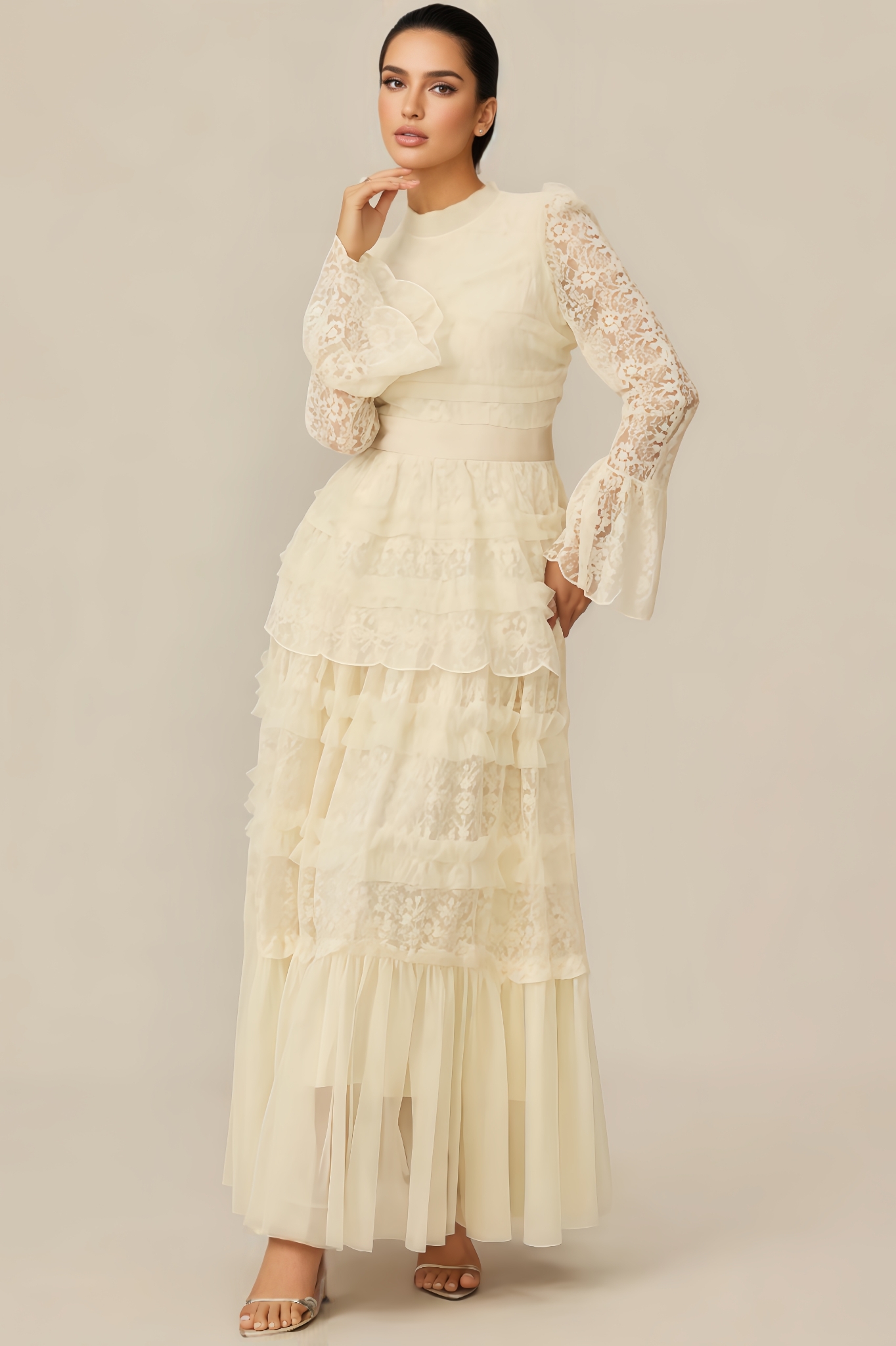 Molao White Lace Tiered Maxi Dress