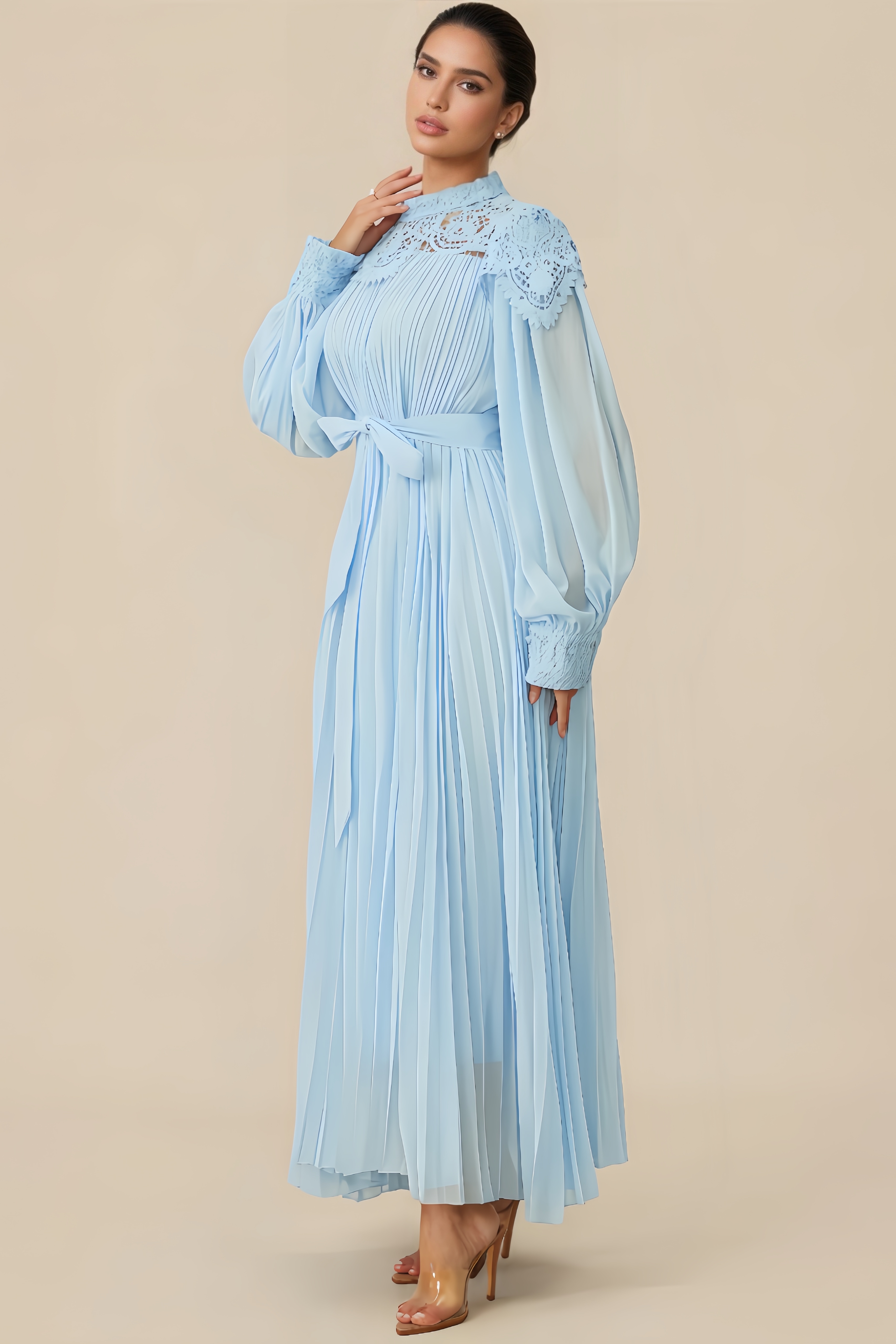 Kyna Embroidered Lace Chiffon Maxi Dress