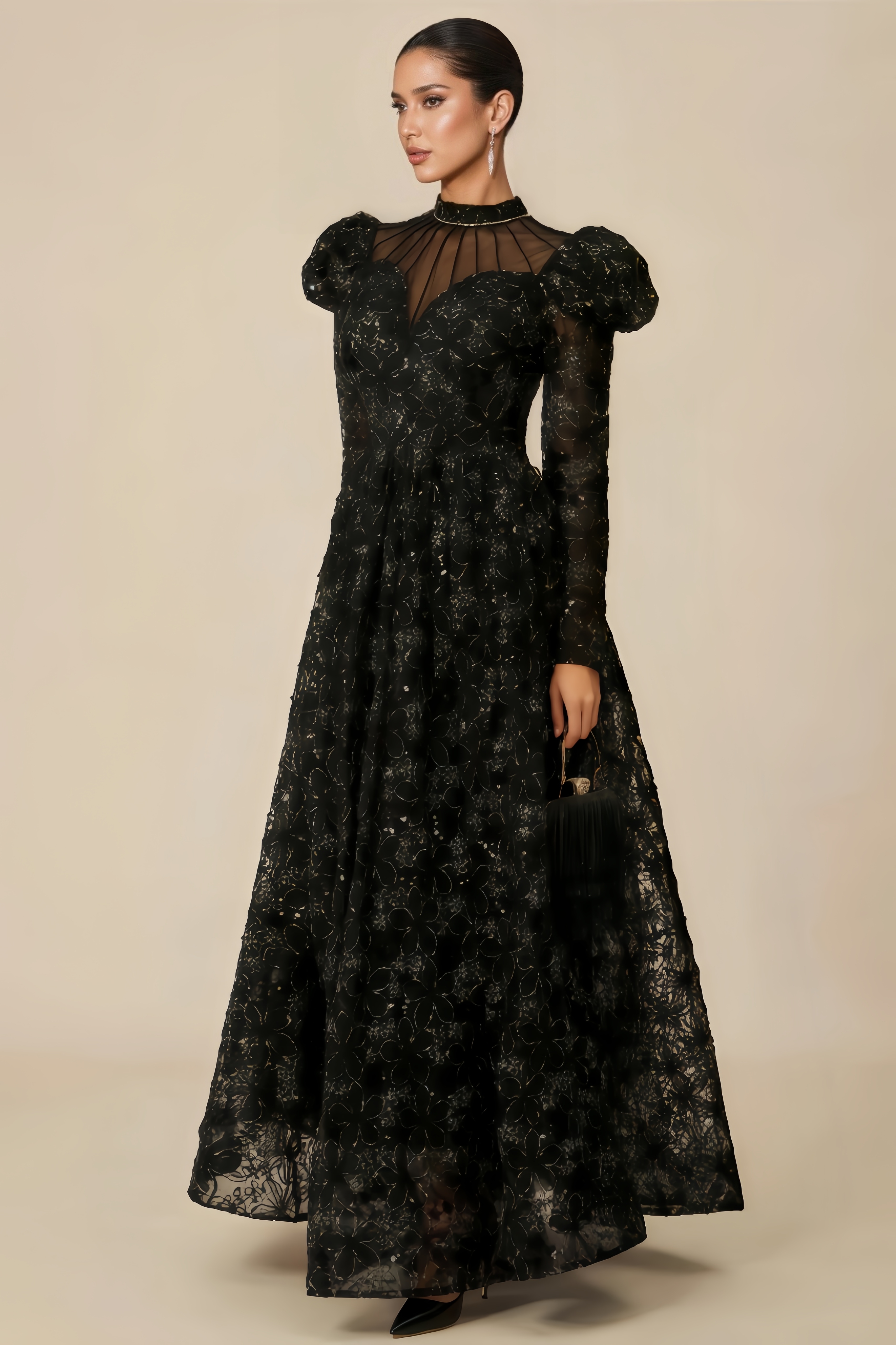 Riza Lace Floral Embroidered Puff-Sleeve Maxi Dress
