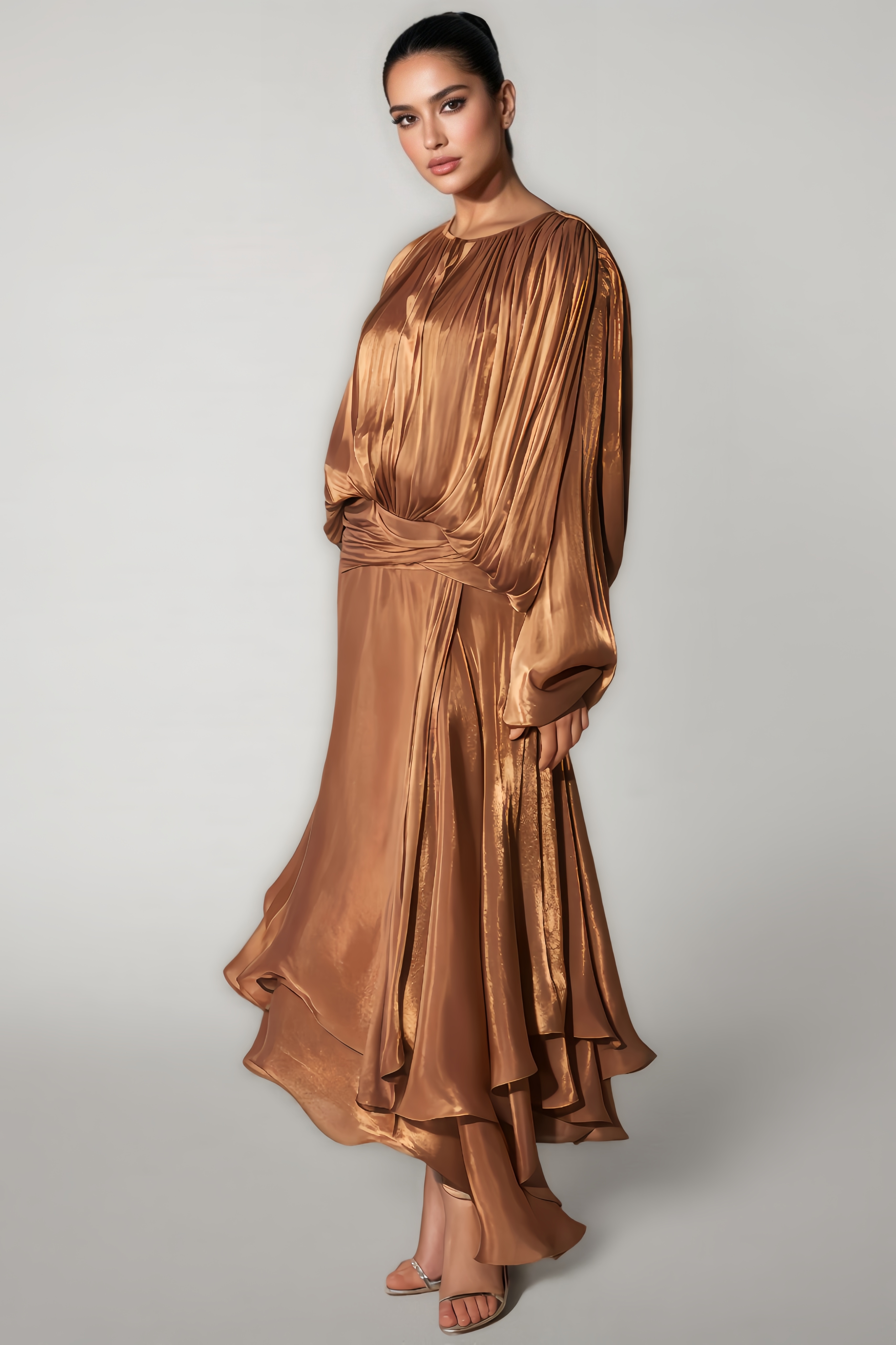 Ela Long-Sleeved Ruffled Hem Midi Dress