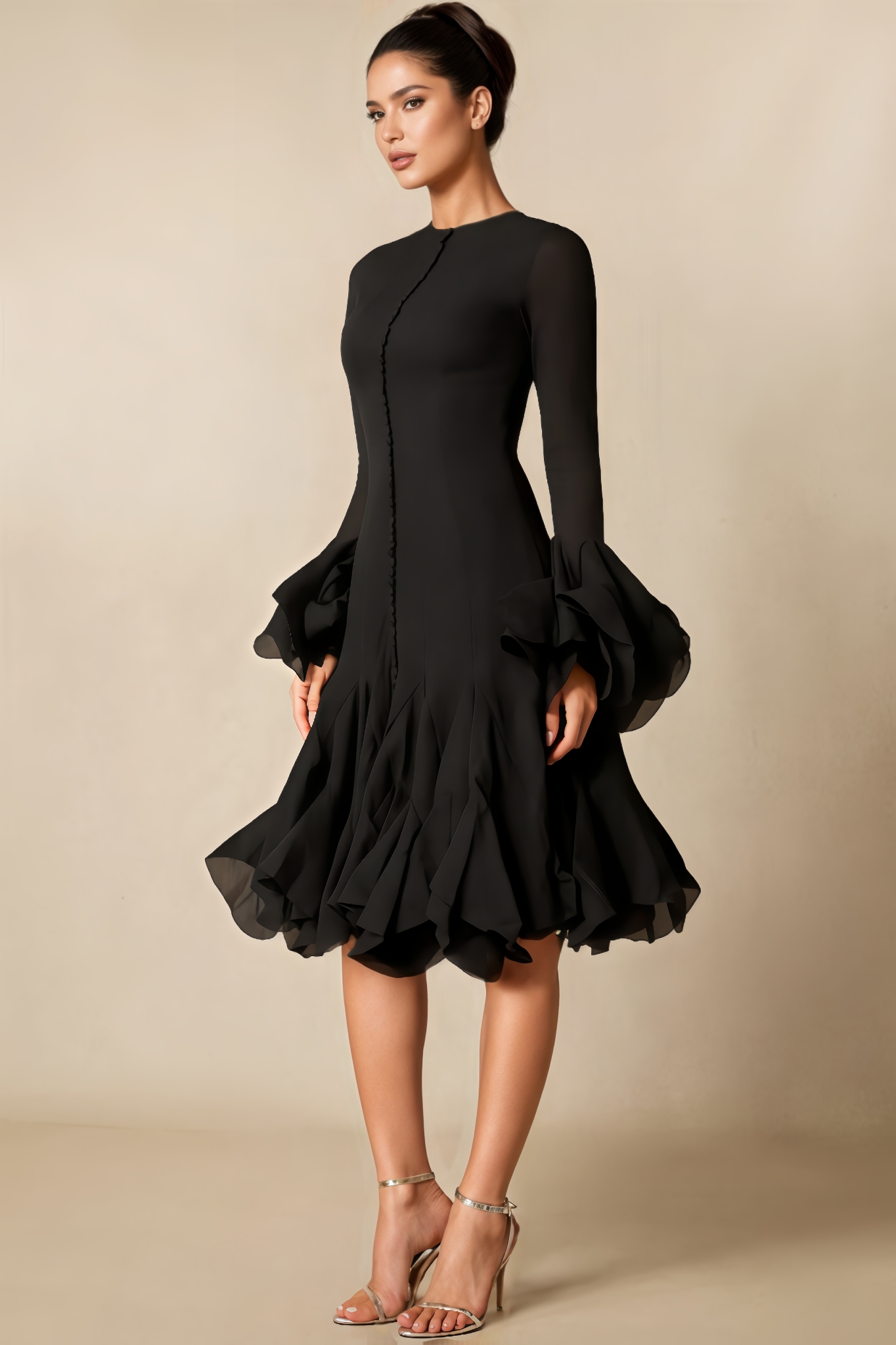 Livia Long-Sleeve Flared-Hem Midi Dress