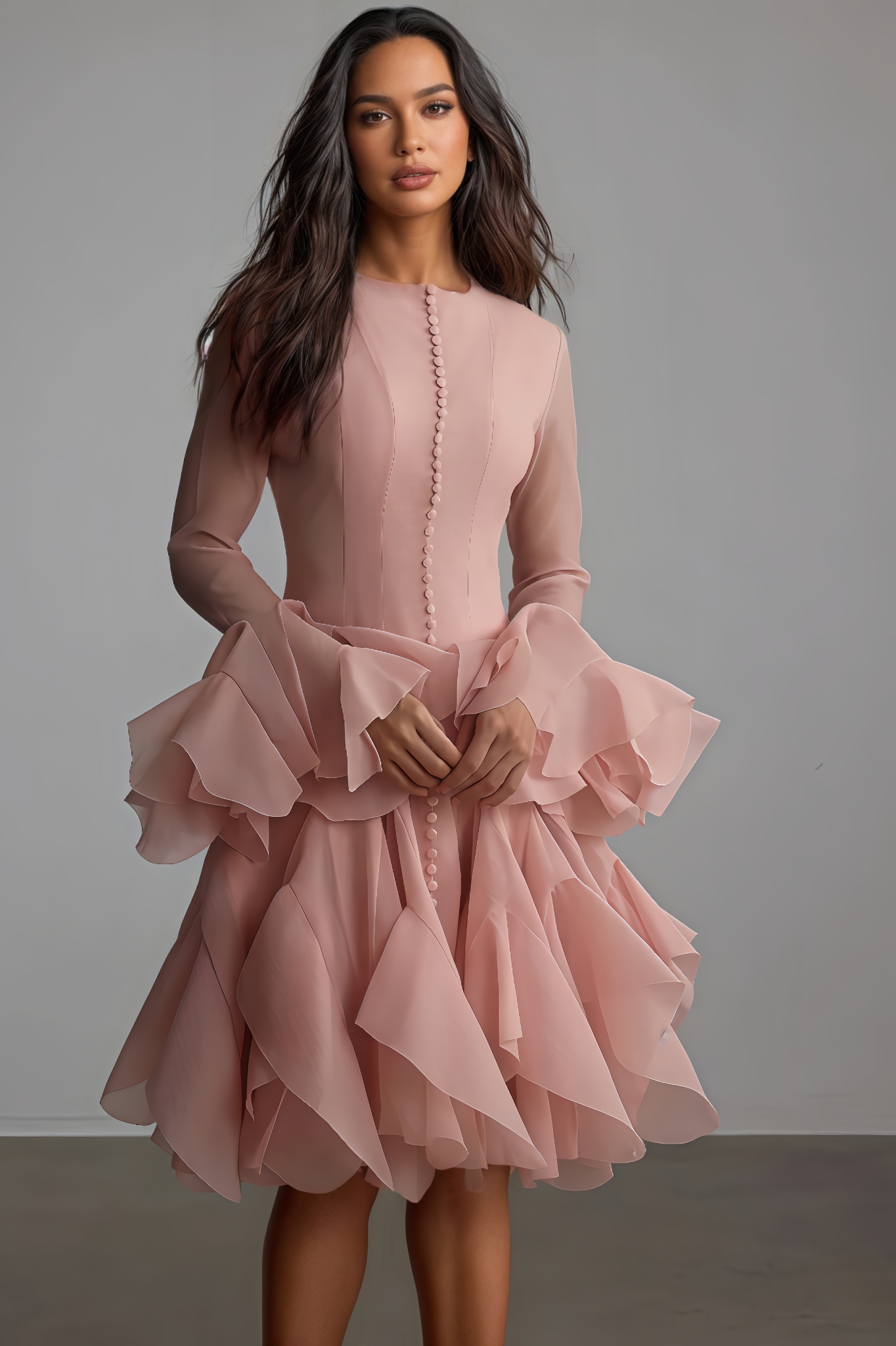 Tarynl Long-Sleeve Flared-Hem Midi Dress