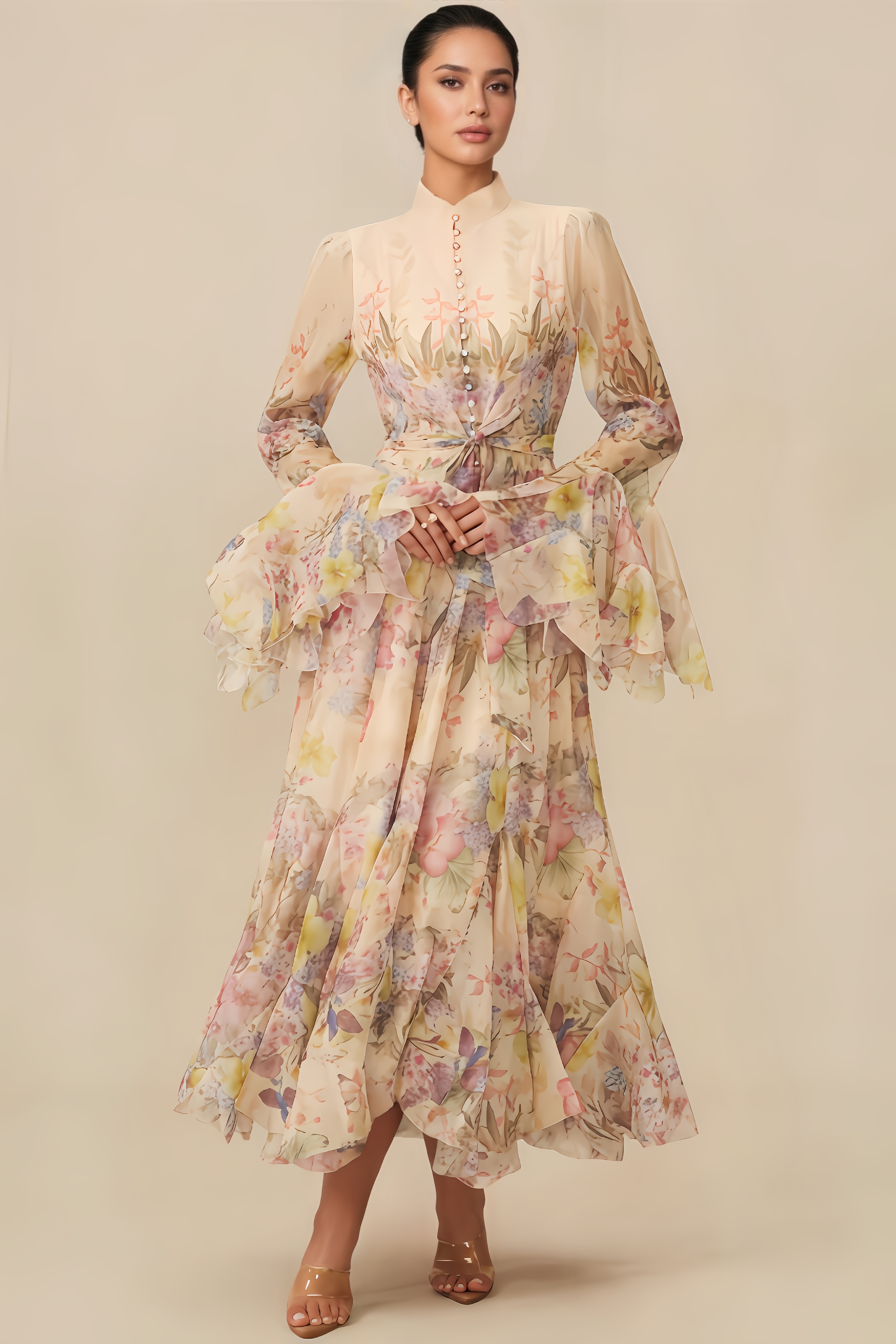 Inina Floral Print Ruffle Cuff Maxi Dress