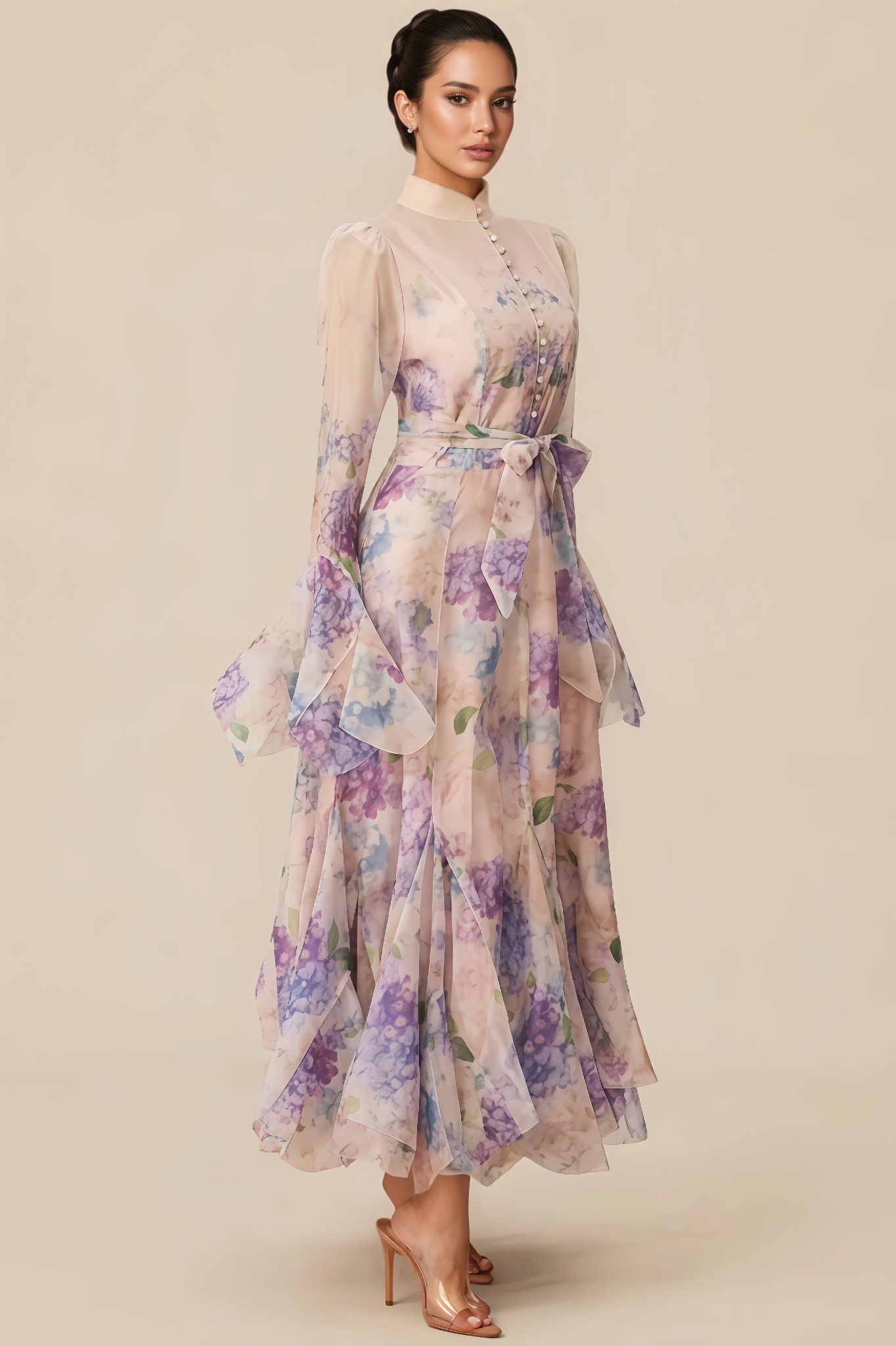 Clara Floral Print Ruffle Cuff Maxi Dress