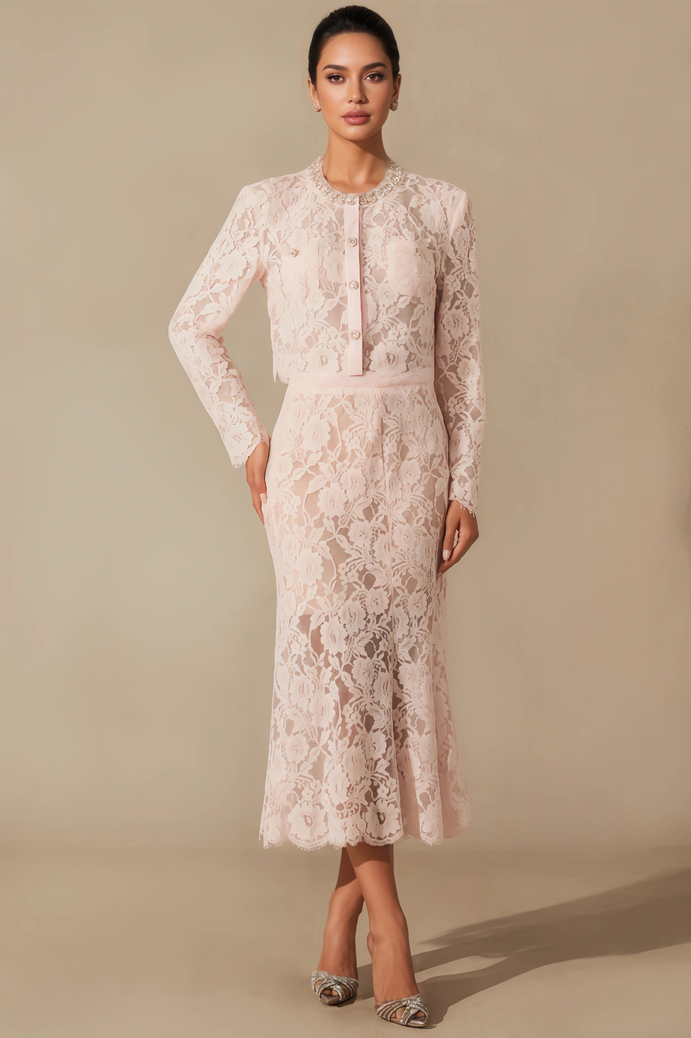 Azurt Floral Lace Long-Sleeved Midi Dress