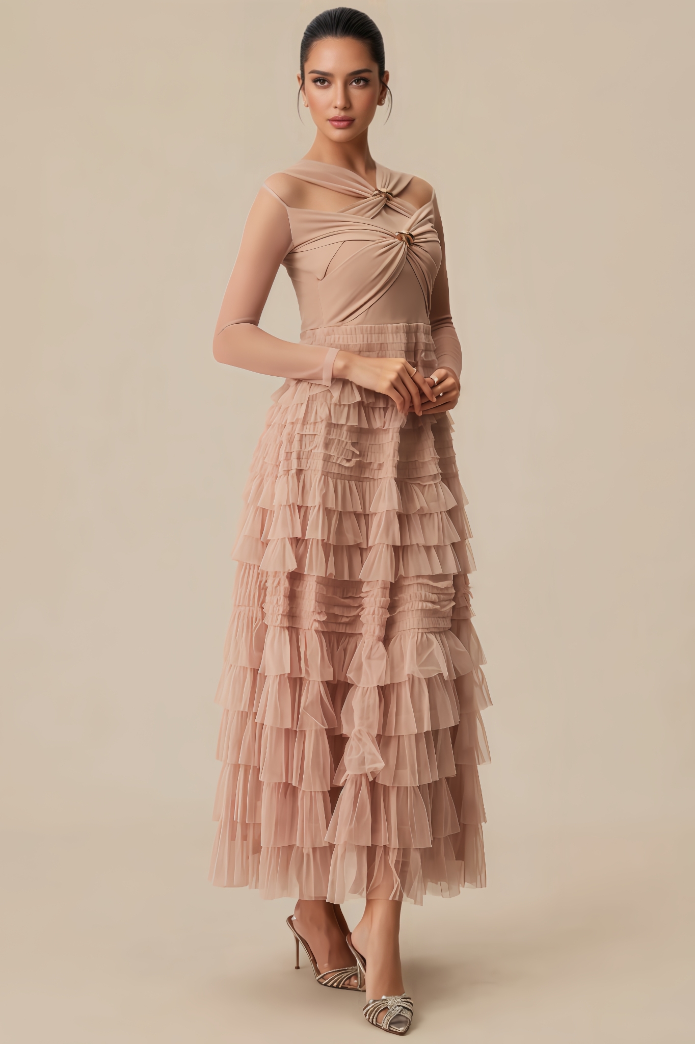 Nysst Apricot Layered Ruffle Maxi Dress