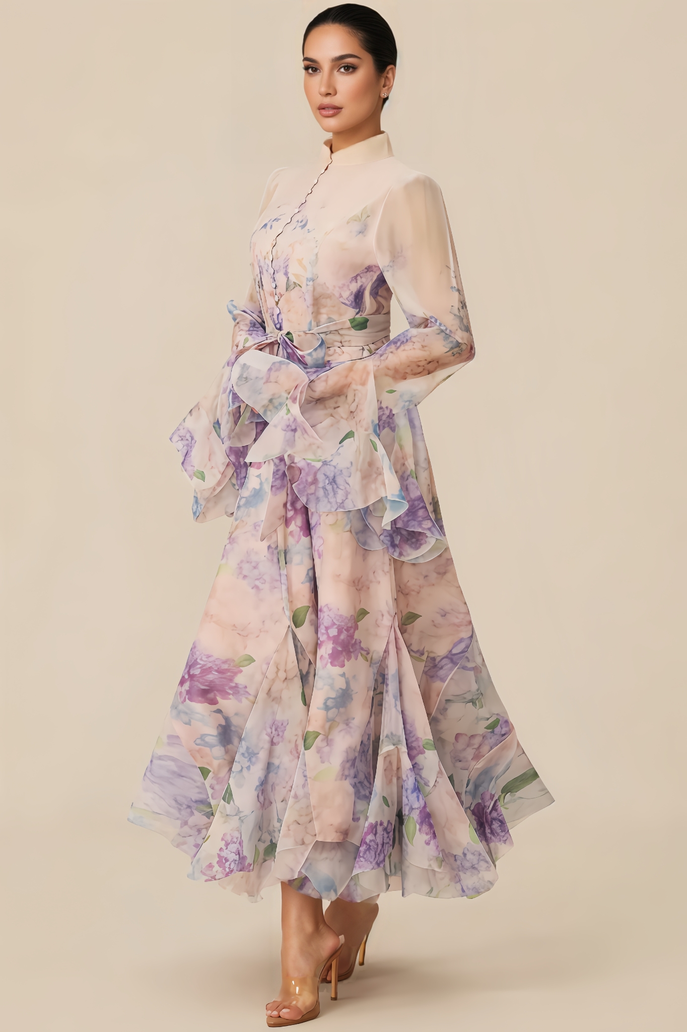 Clara Floral Print Ruffle Cuff Maxi Dress
