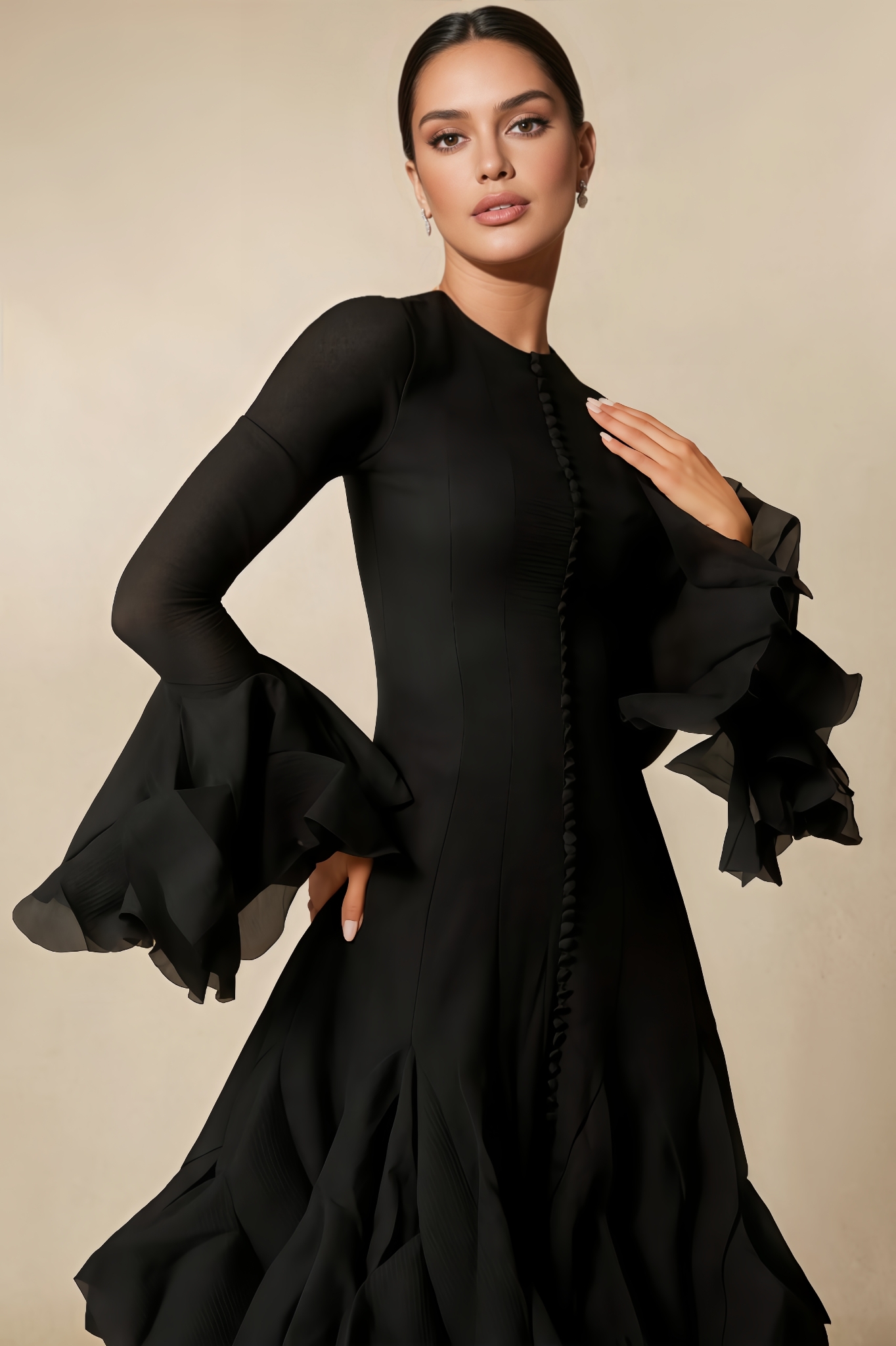 Livia Long-Sleeve Flared-Hem Midi Dress