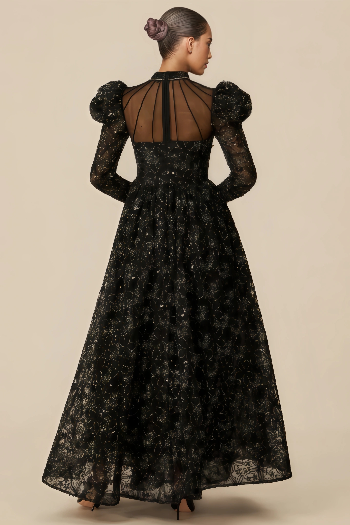 Riza Lace Floral Embroidered Puff-Sleeve Maxi Dress