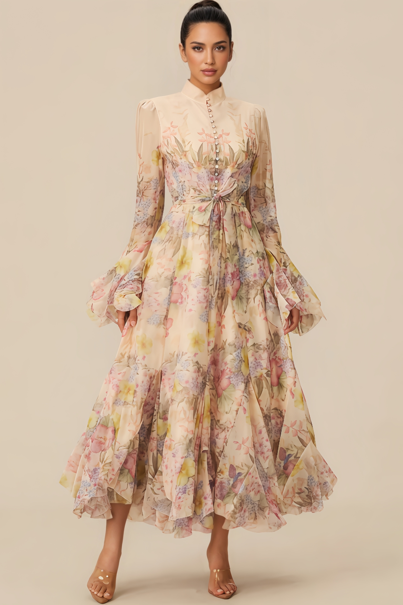 Inina Floral Print Ruffle Cuff Maxi Dress