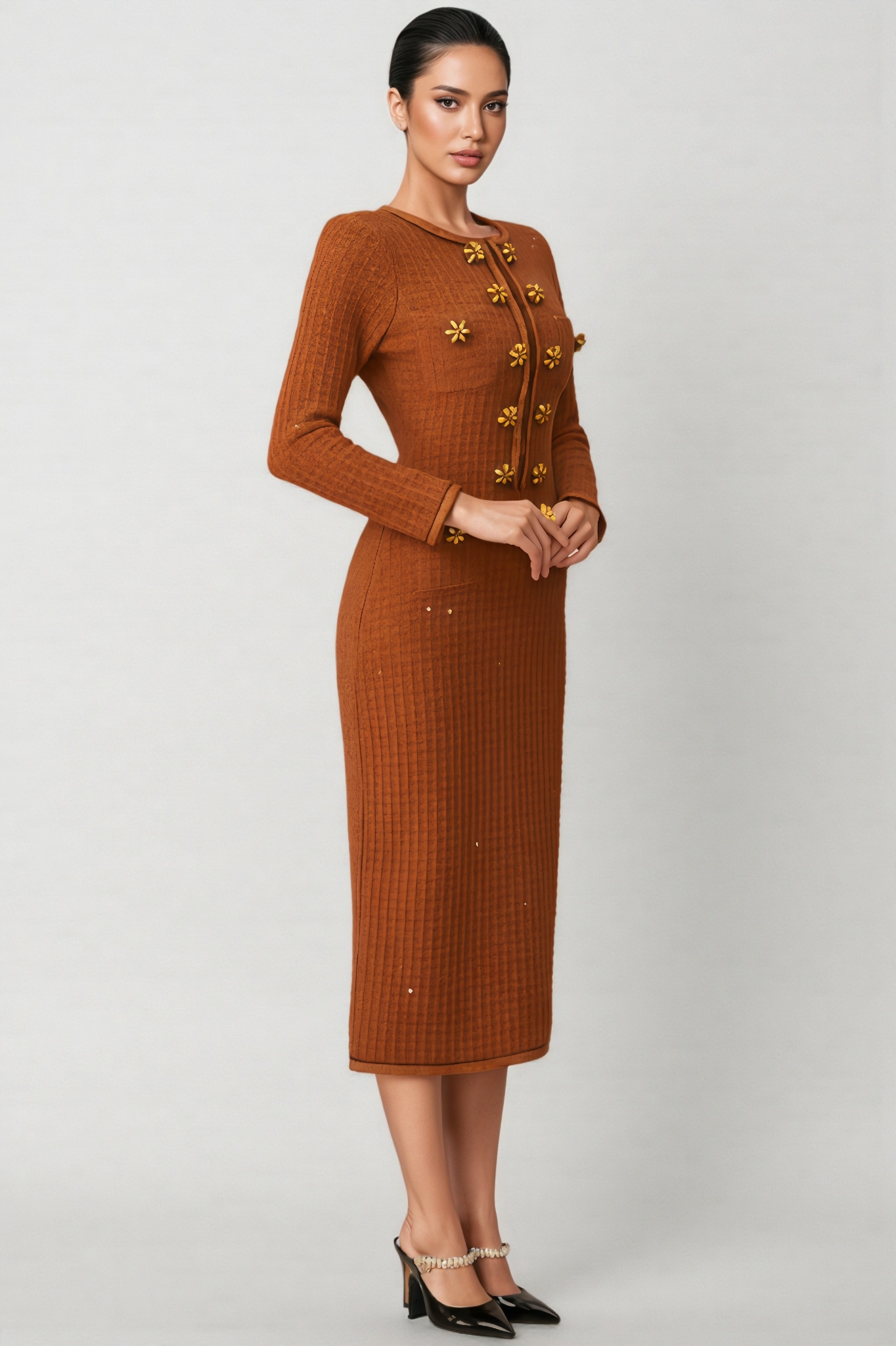 Tereza Crystal Button Tweed Midi Dress