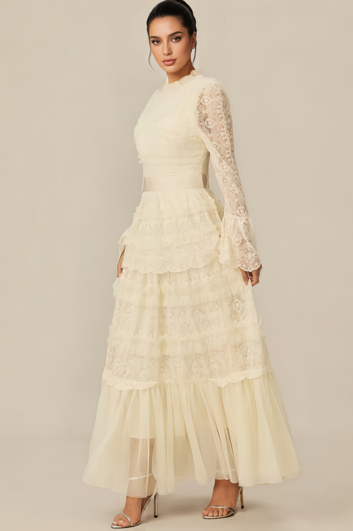 Molao White Lace Tiered Maxi Dress