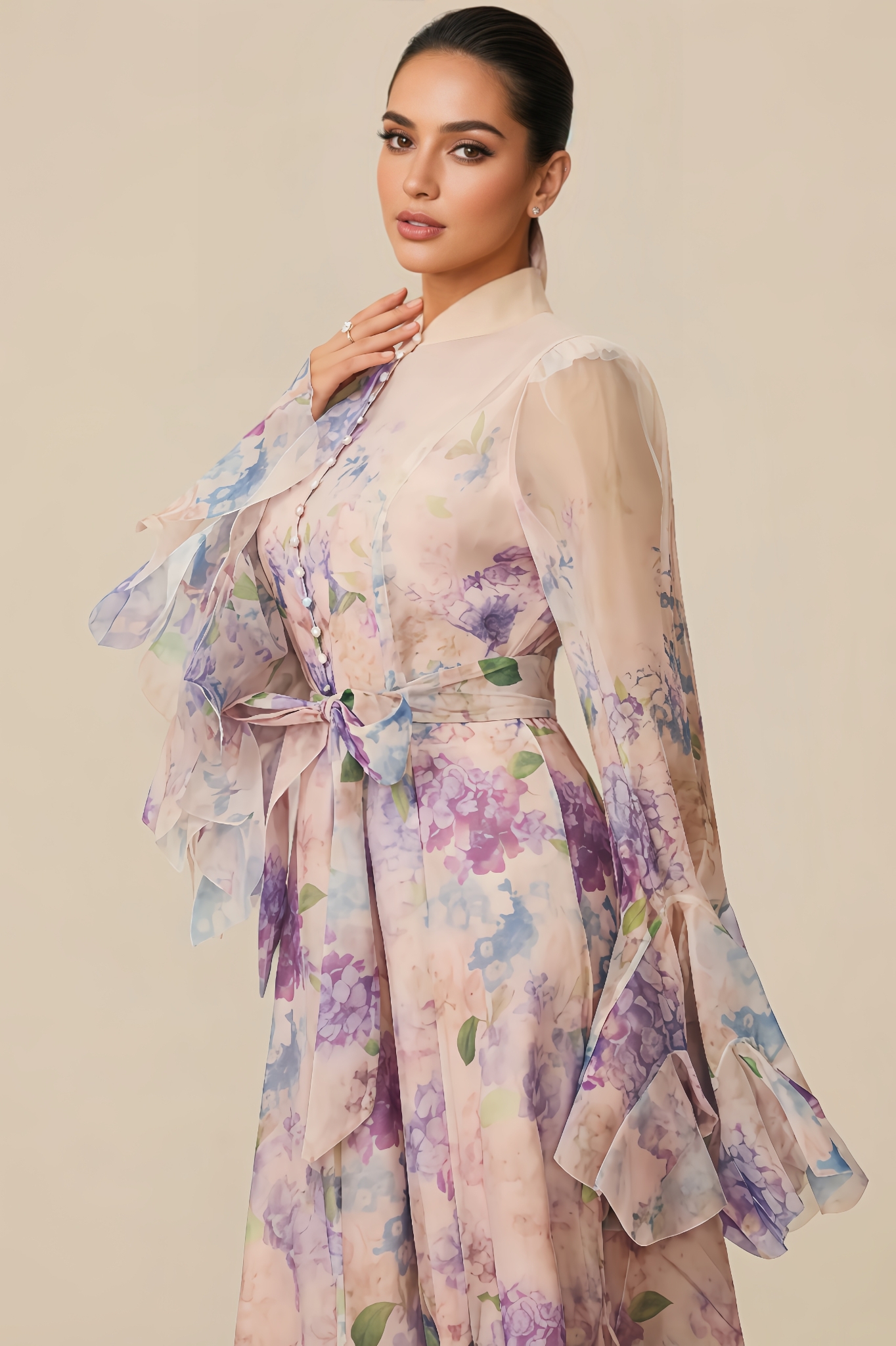 Clara Floral Print Ruffle Cuff Maxi Dress