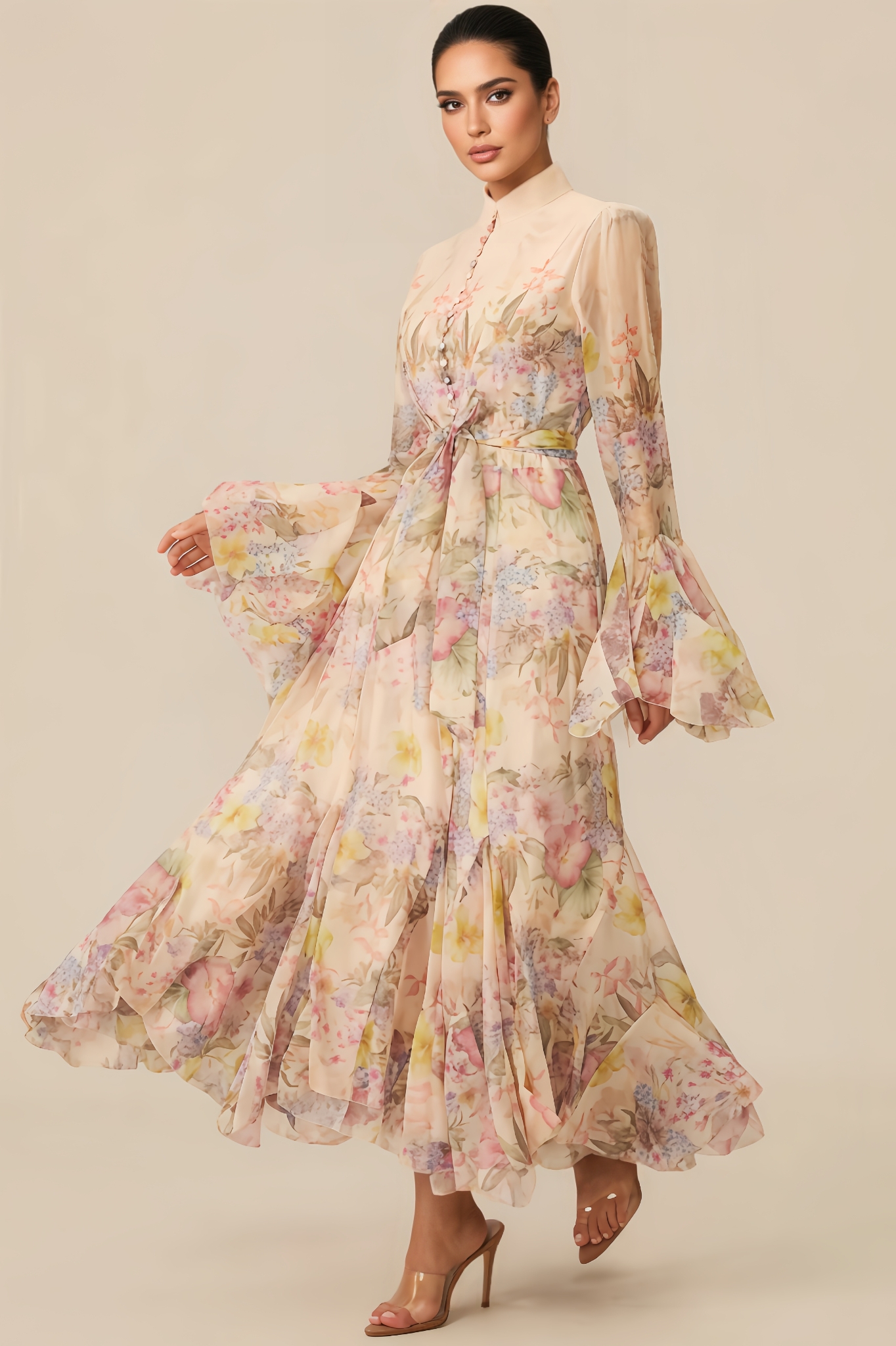 Inina Floral Print Ruffle Cuff Maxi Dress