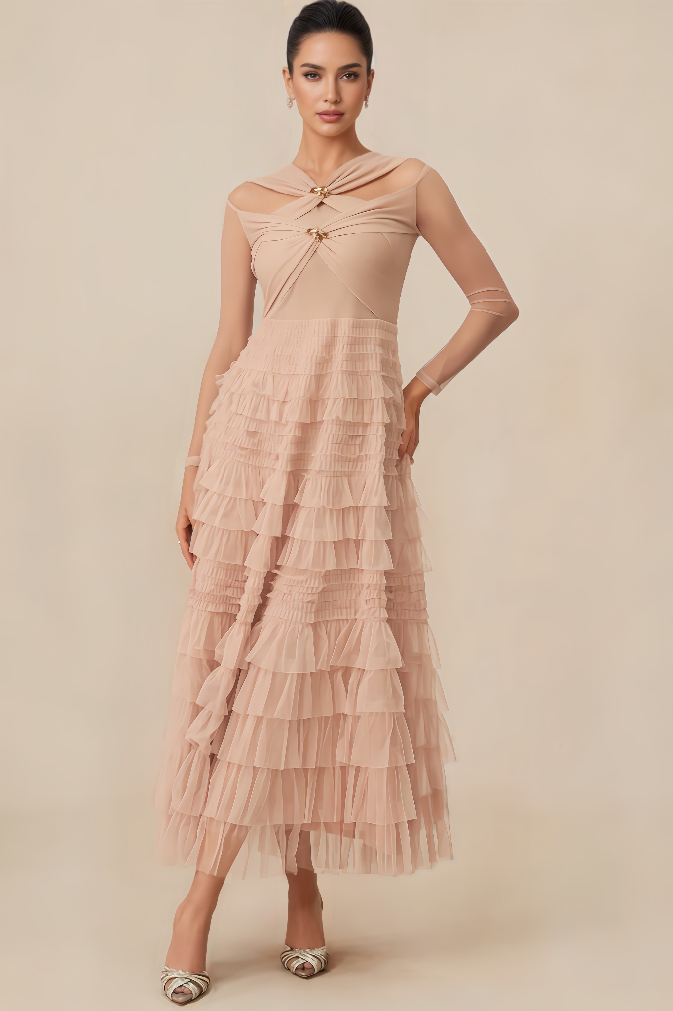 Nysst Apricot Layered Ruffle Maxi Dress