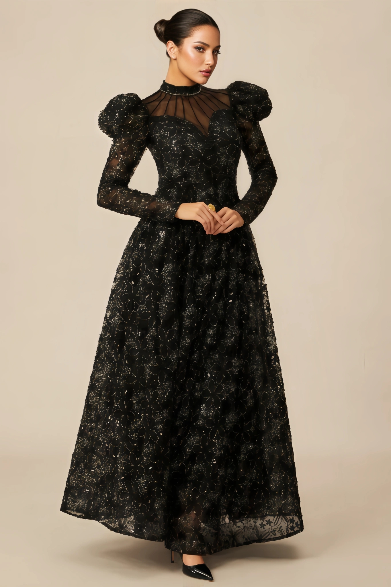 Riza Lace Floral Embroidered Puff-Sleeve Maxi Dress