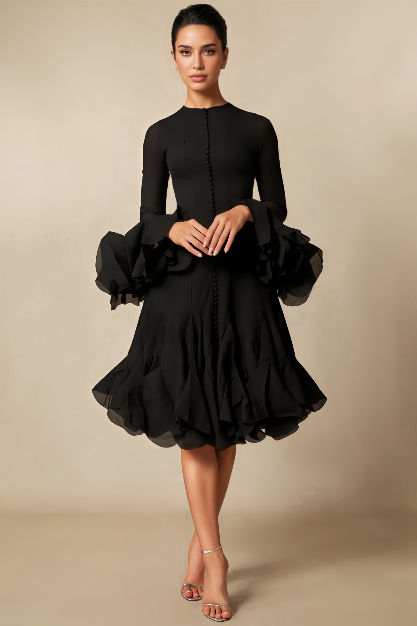 Livia Long-Sleeve Flared-Hem Midi Dress