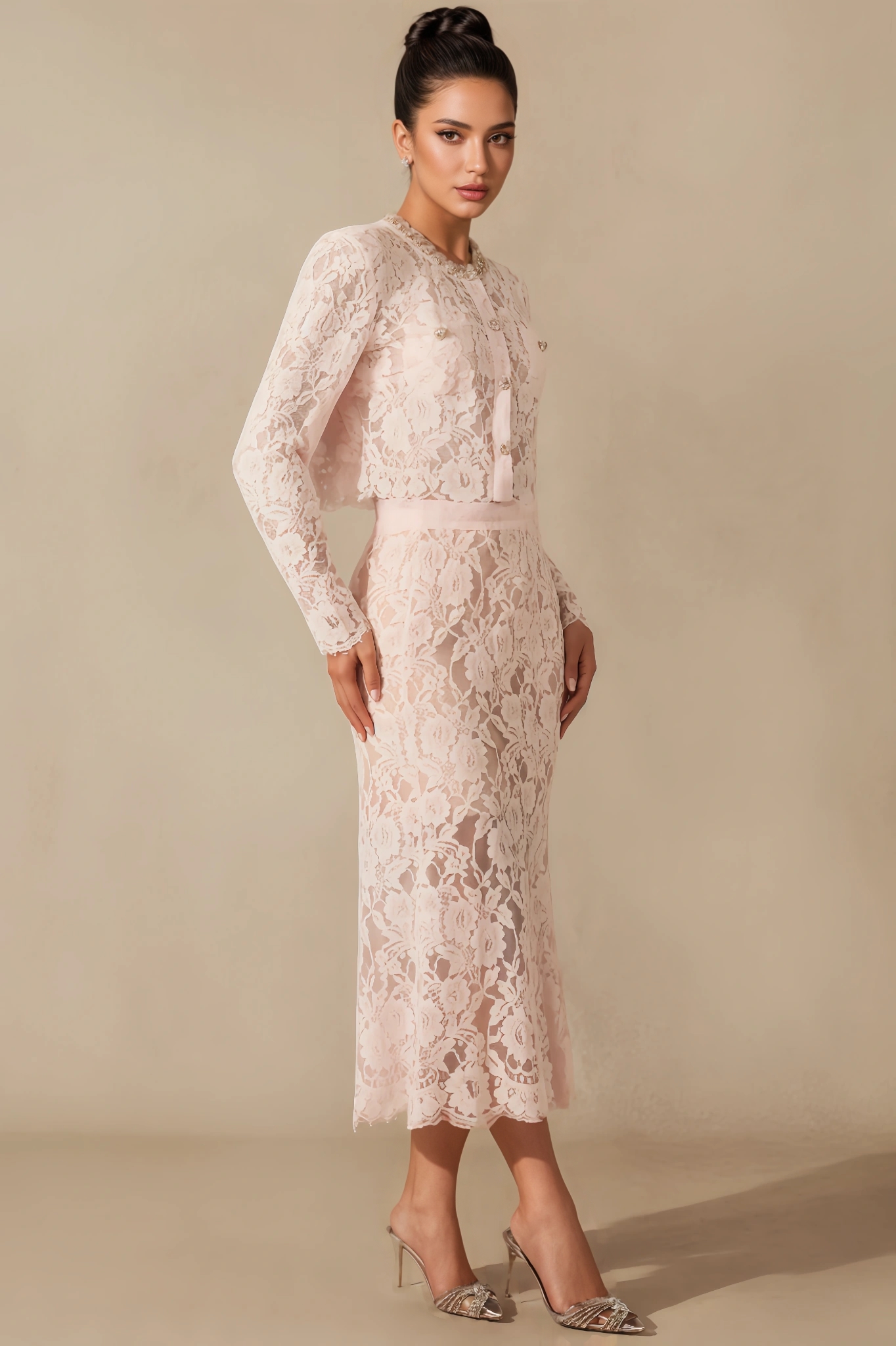 Azurt Floral Lace Long-Sleeved Midi Dress