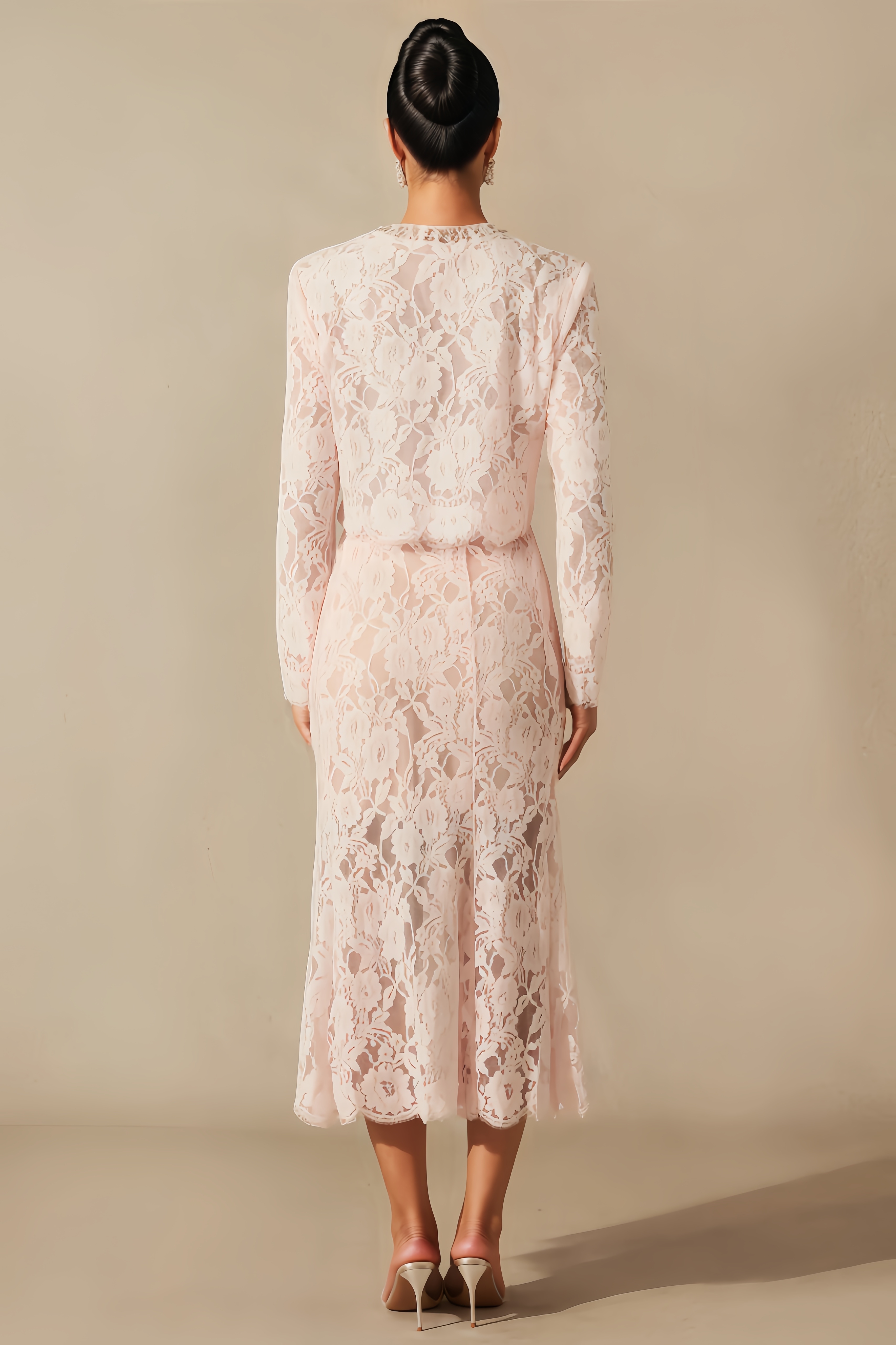 Azurt Floral Lace Long-Sleeved Midi Dress