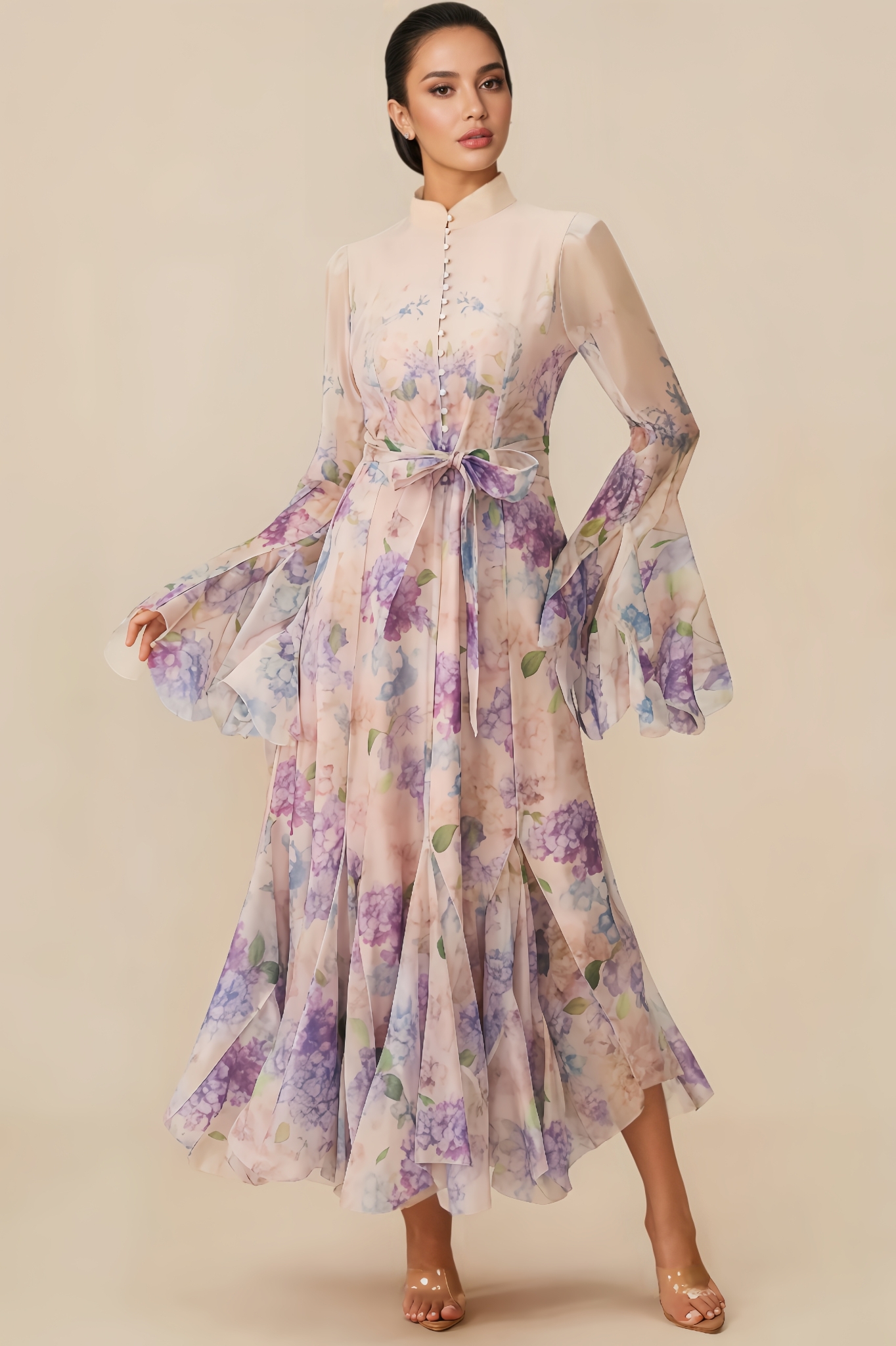 Clara Floral Print Ruffle Cuff Maxi Dress