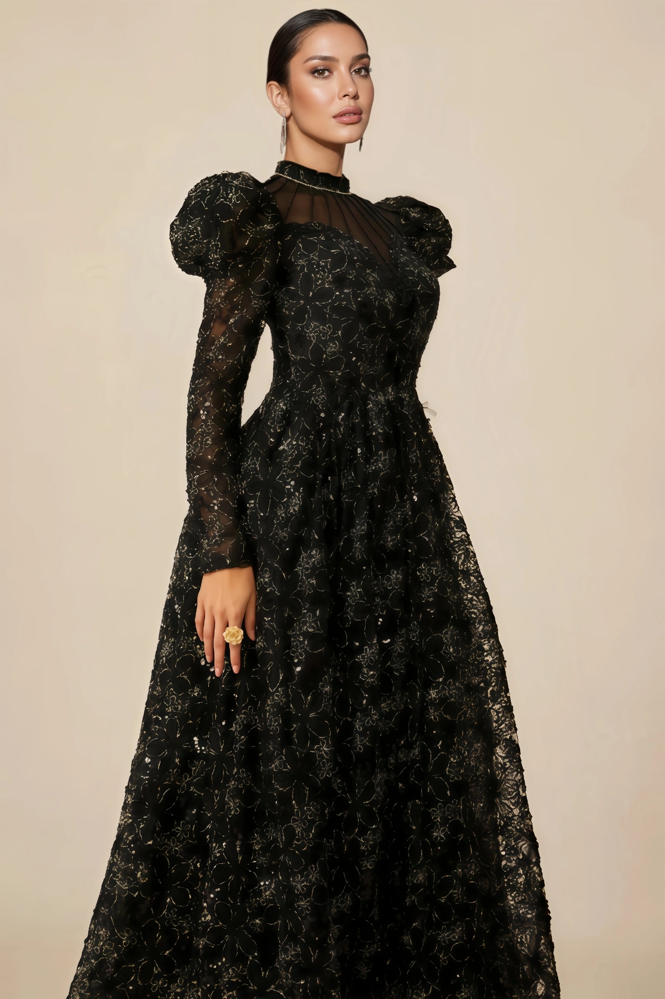 Riza Lace Floral Embroidered Puff-Sleeve Maxi Dress