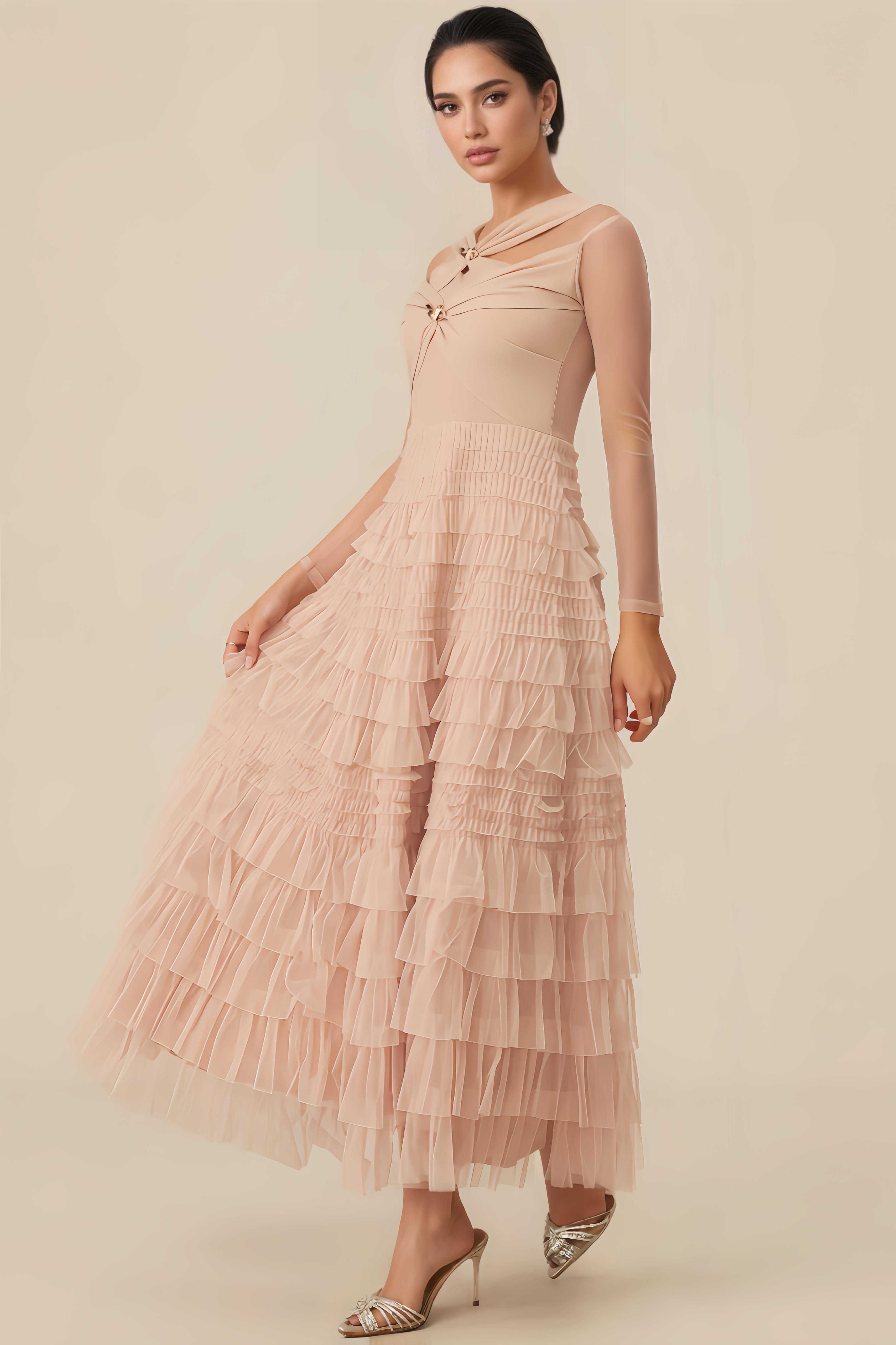 Nysst Apricot Layered Ruffle Maxi Dress