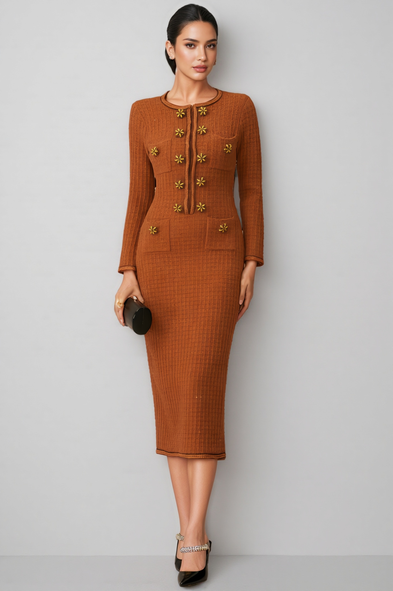 Tereza Crystal Button Tweed Midi Dress