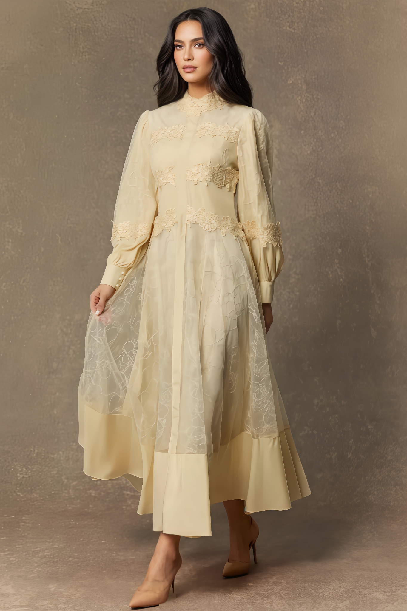 Dizzt Lace Embroidered Lantern Sleeve Maxi Dress