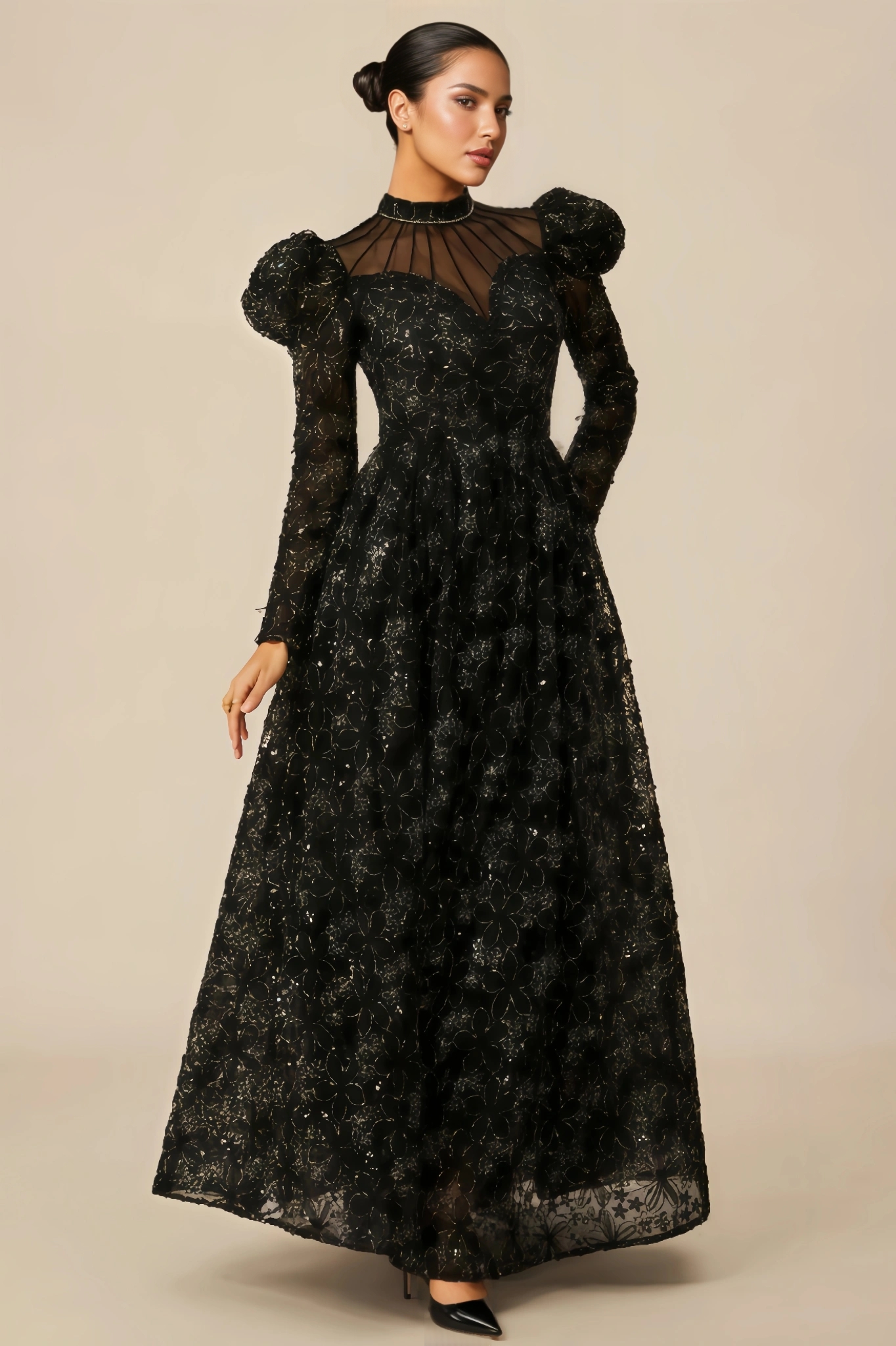 Riza Lace Floral Embroidered Puff-Sleeve Maxi Dress