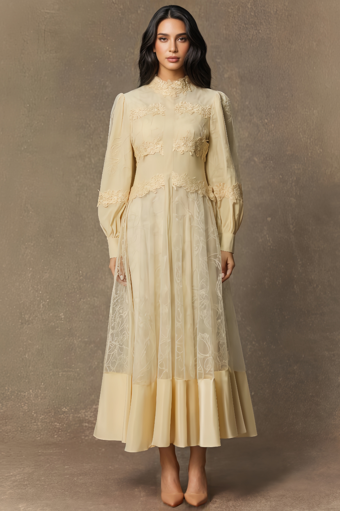 Dizzt Lace Embroidered Lantern Sleeve Maxi Dress