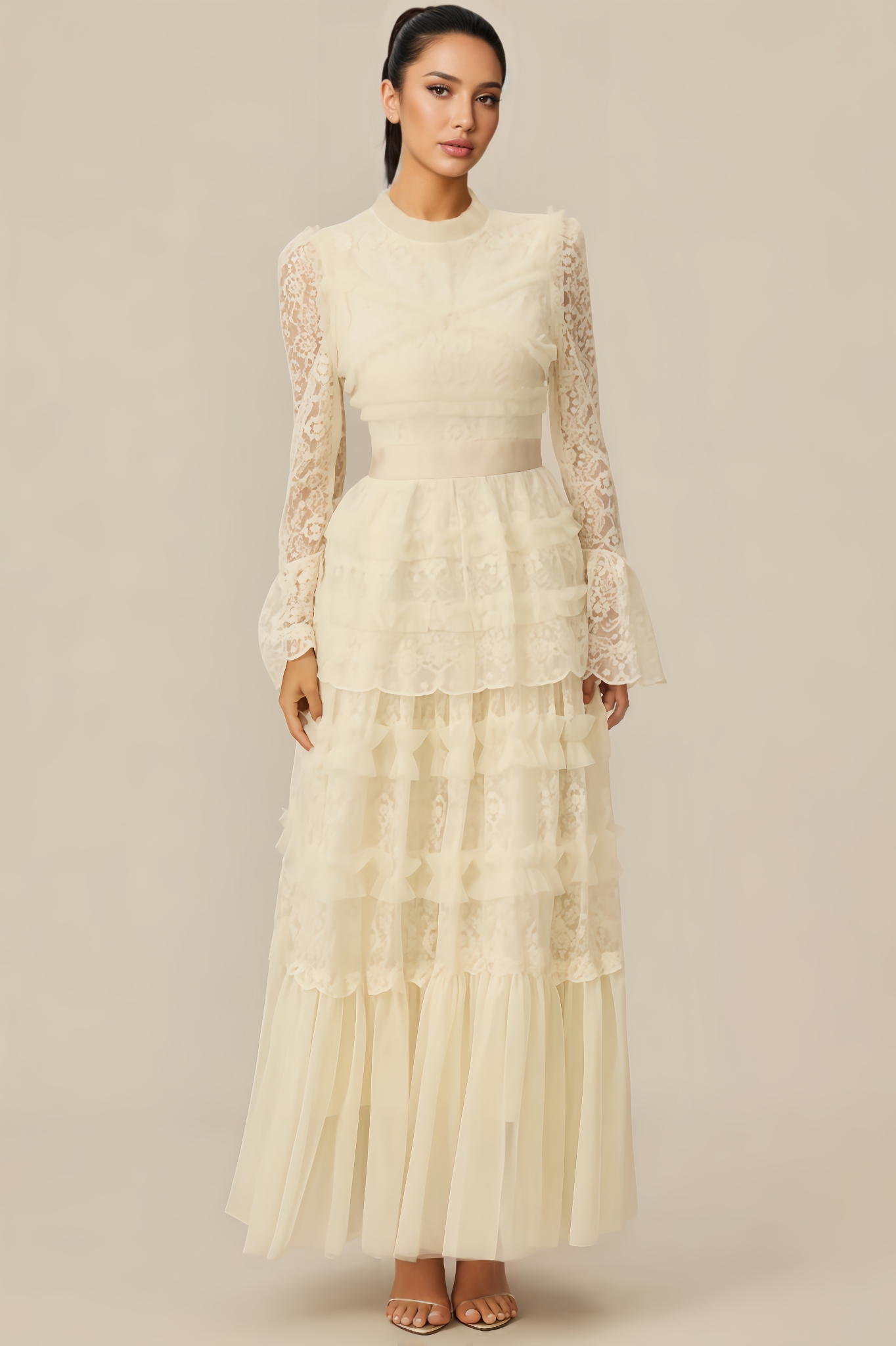 Molao White Lace Tiered Maxi Dress