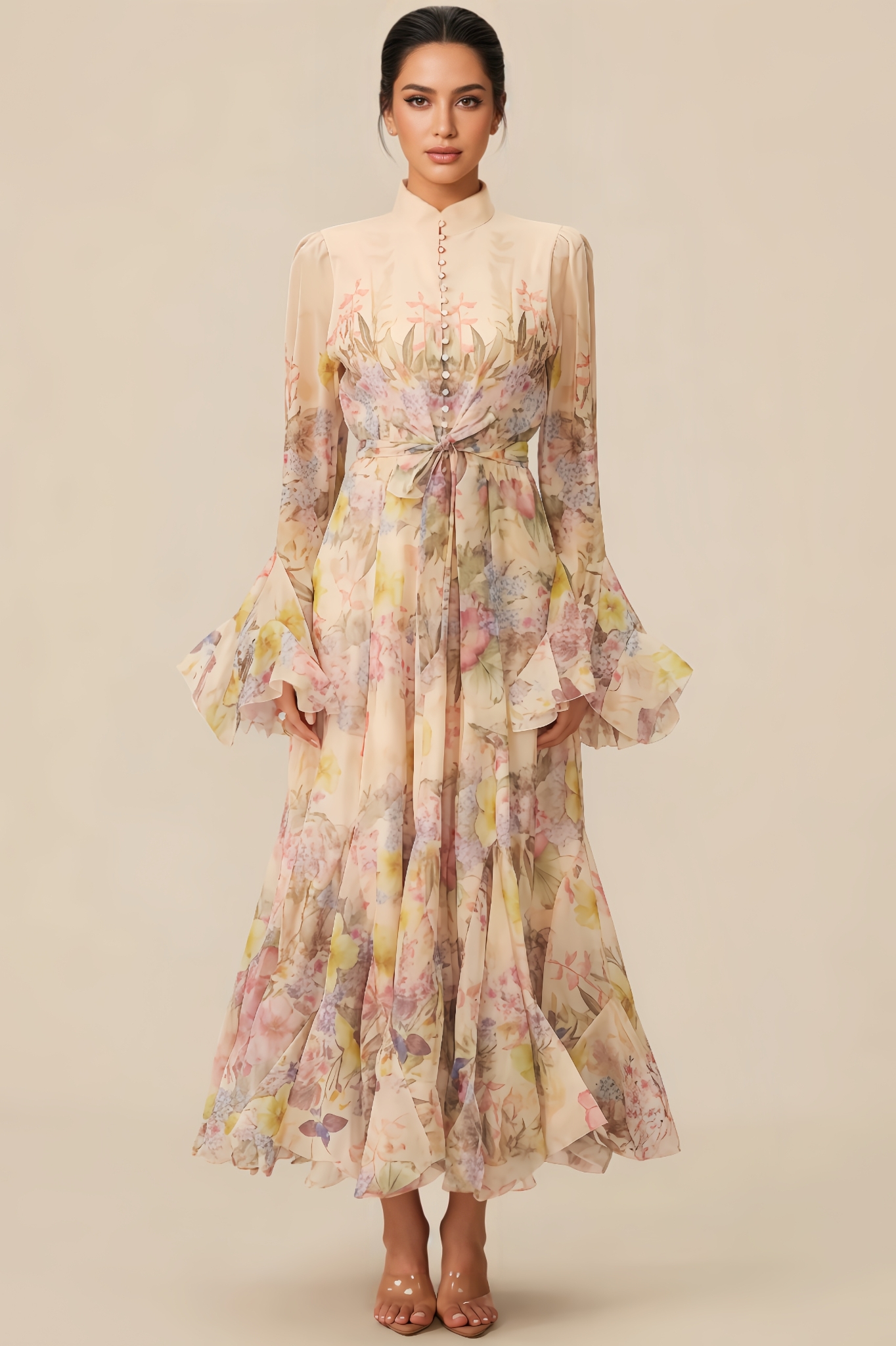 Inina Floral Print Ruffle Cuff Maxi Dress