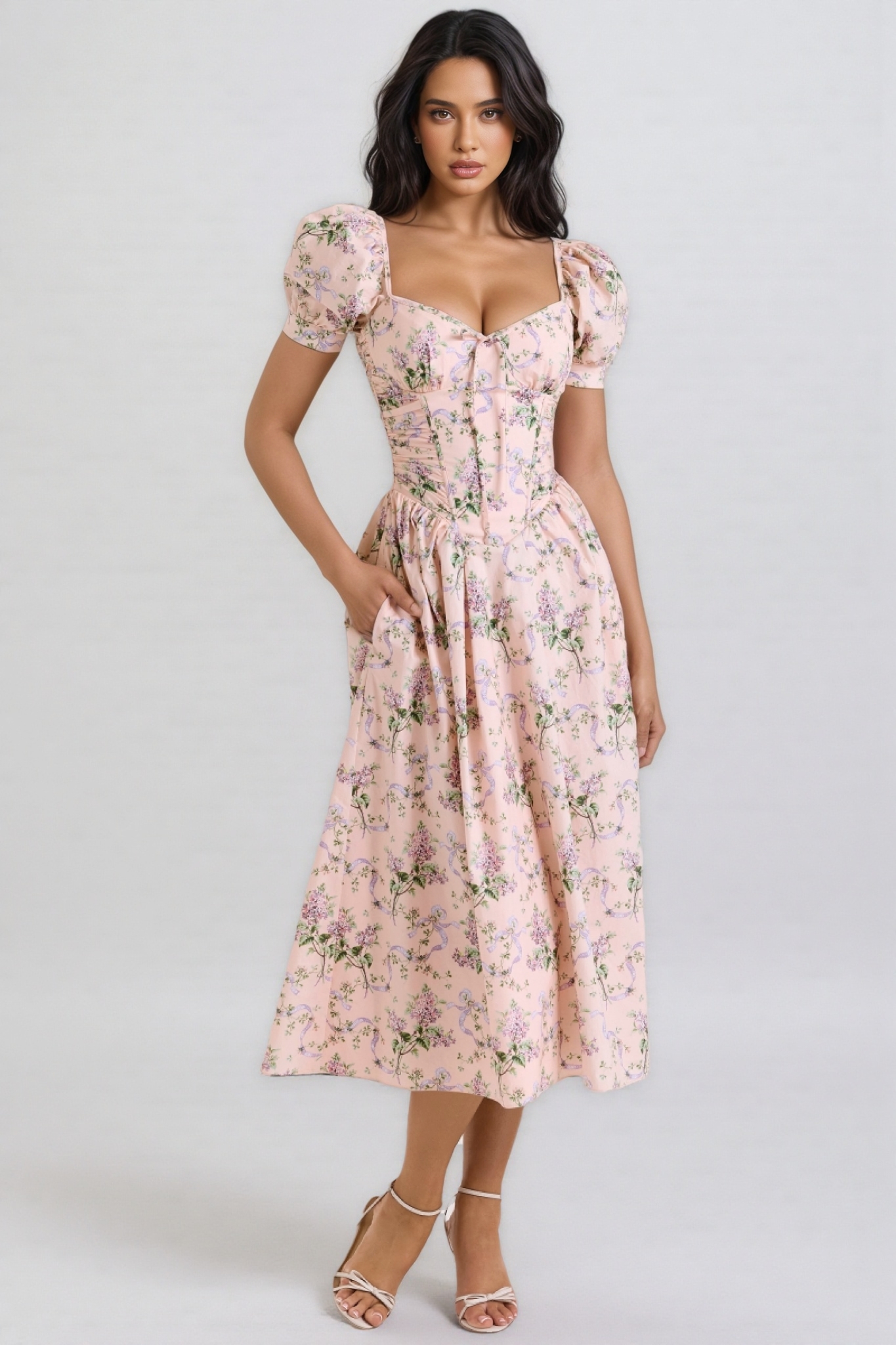 Nylta Pink Ribbon Print Cotton Midi Dress