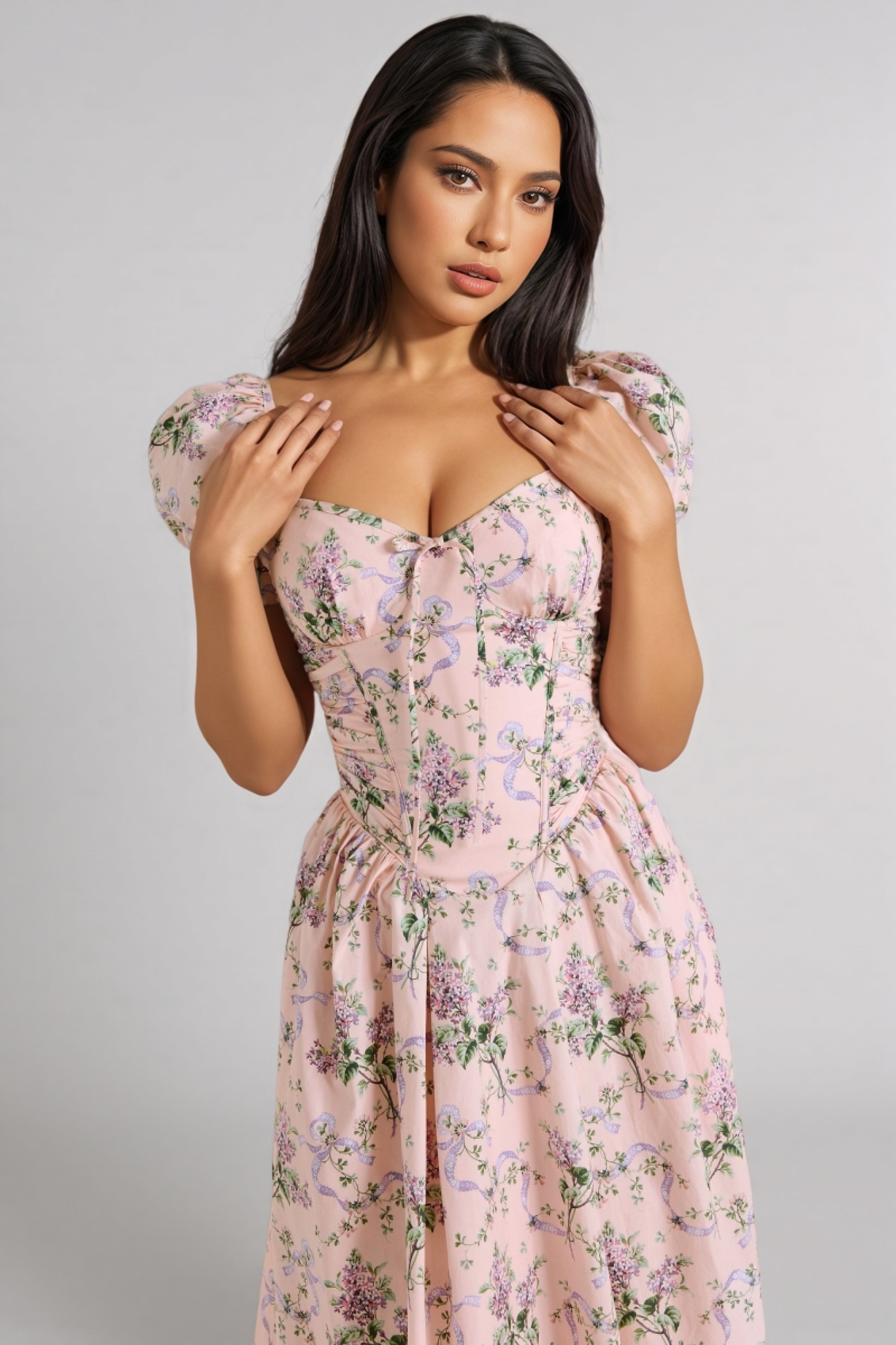 Nylta Pink Ribbon Print Cotton Midi Dress