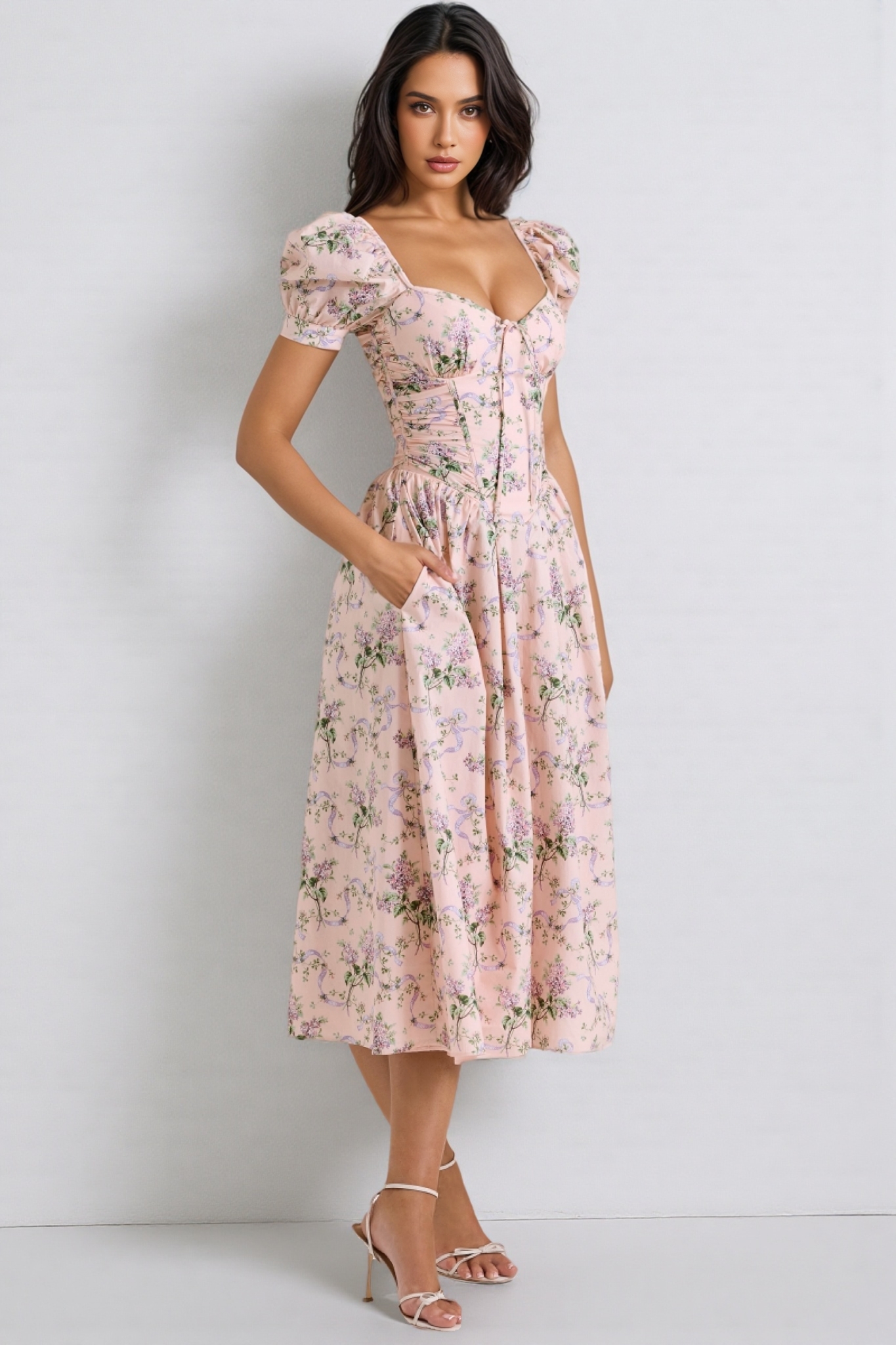 Nylta Pink Ribbon Print Cotton Midi Dress