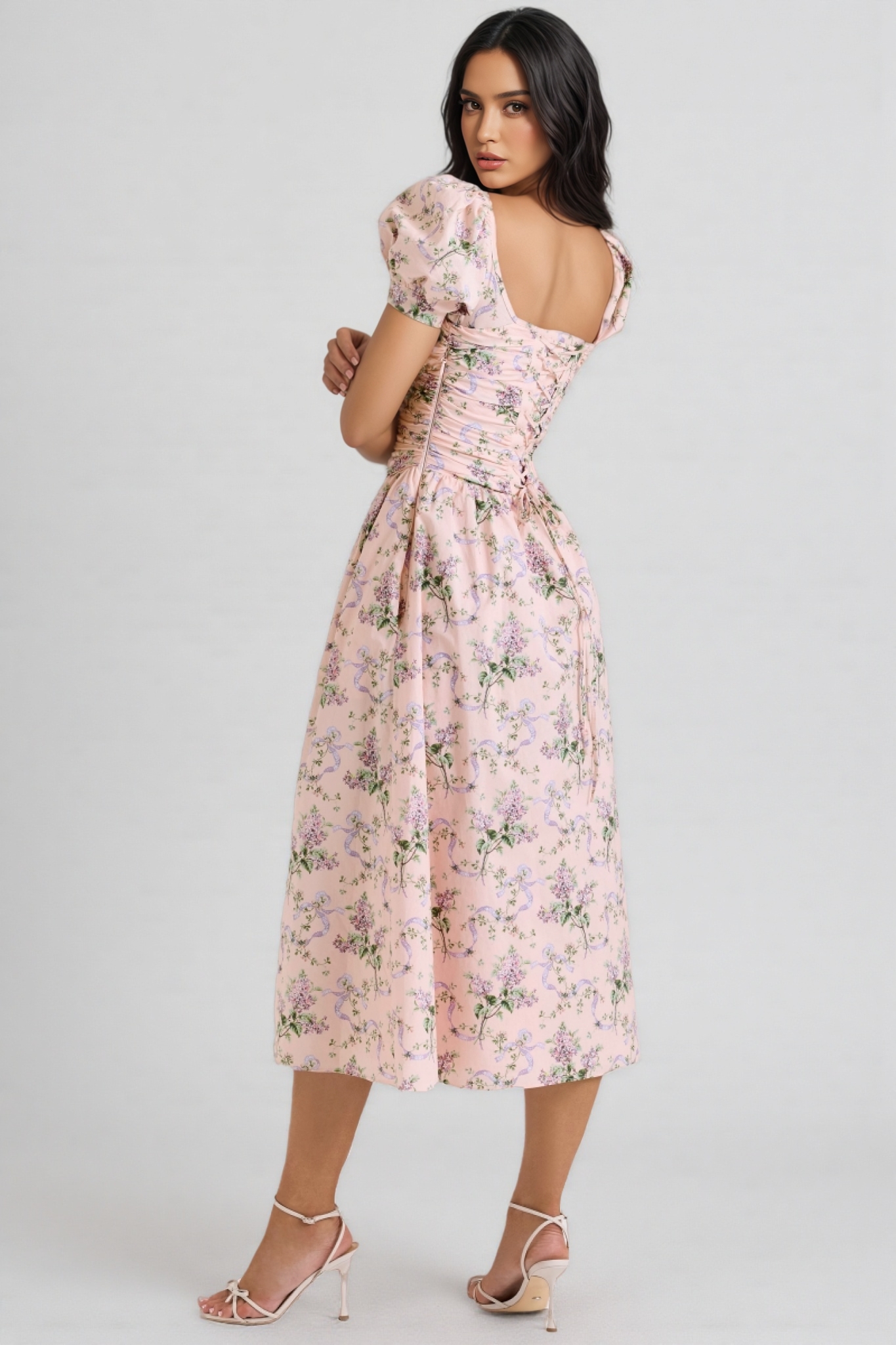 Nylta Pink Ribbon Print Cotton Midi Dress