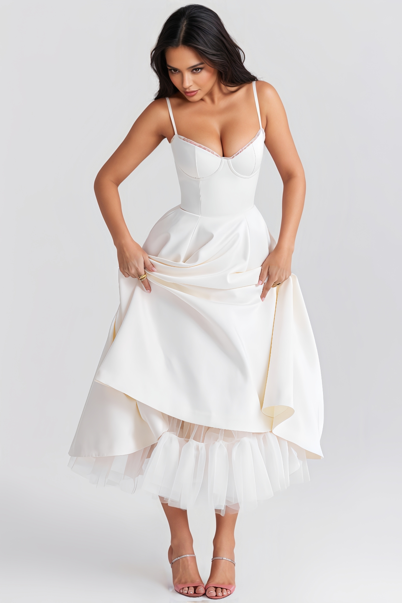 Macie White Tulle Midi Dress