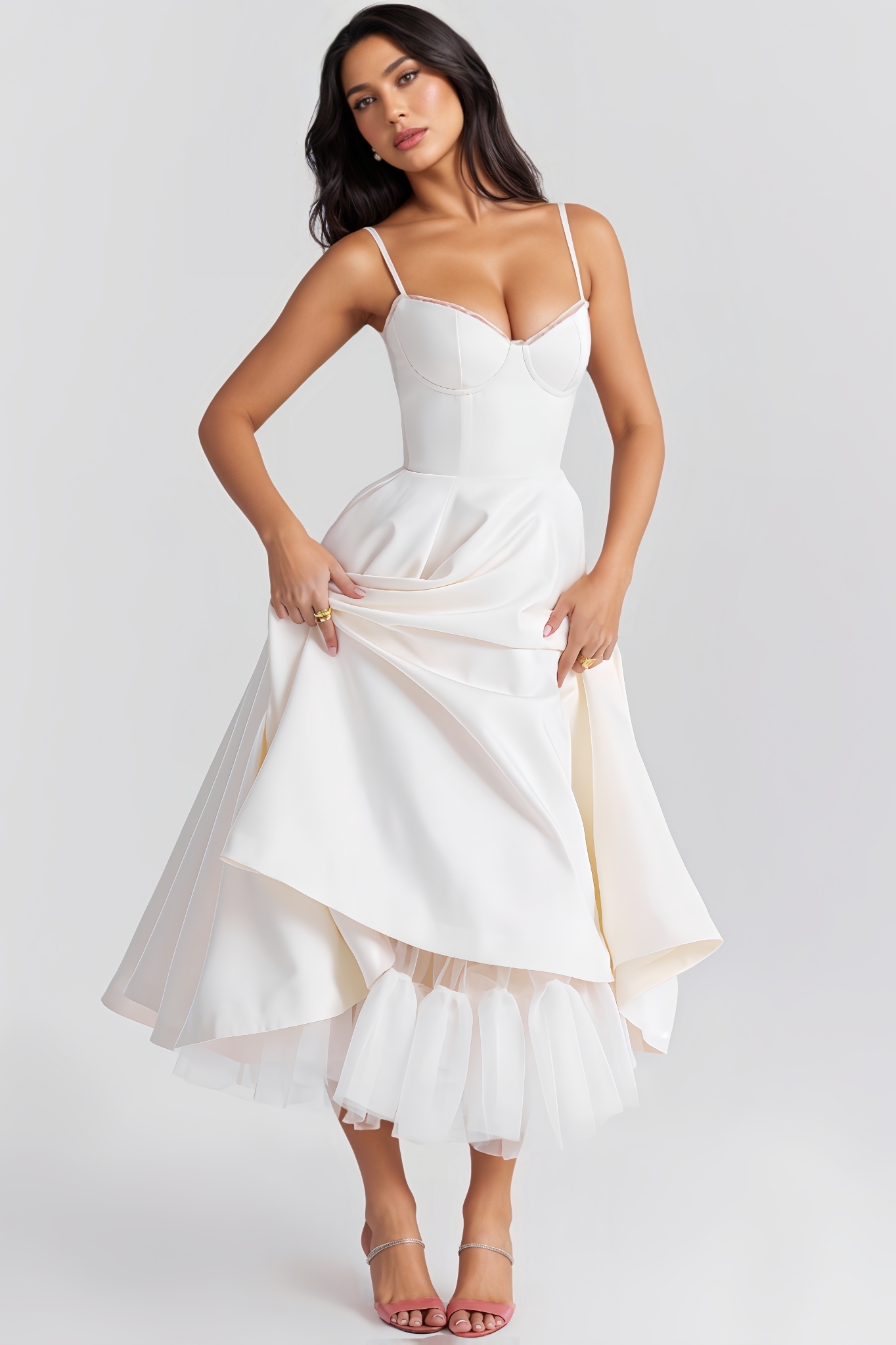 Macie White Tulle Midi Dress