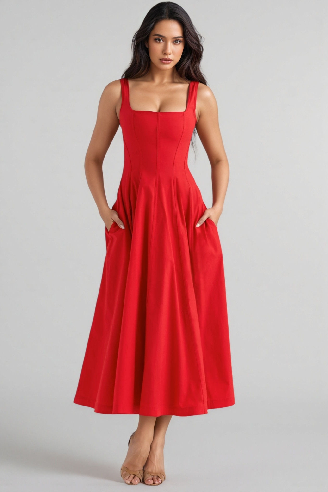 Kaelt Red Strappy Midi Dress