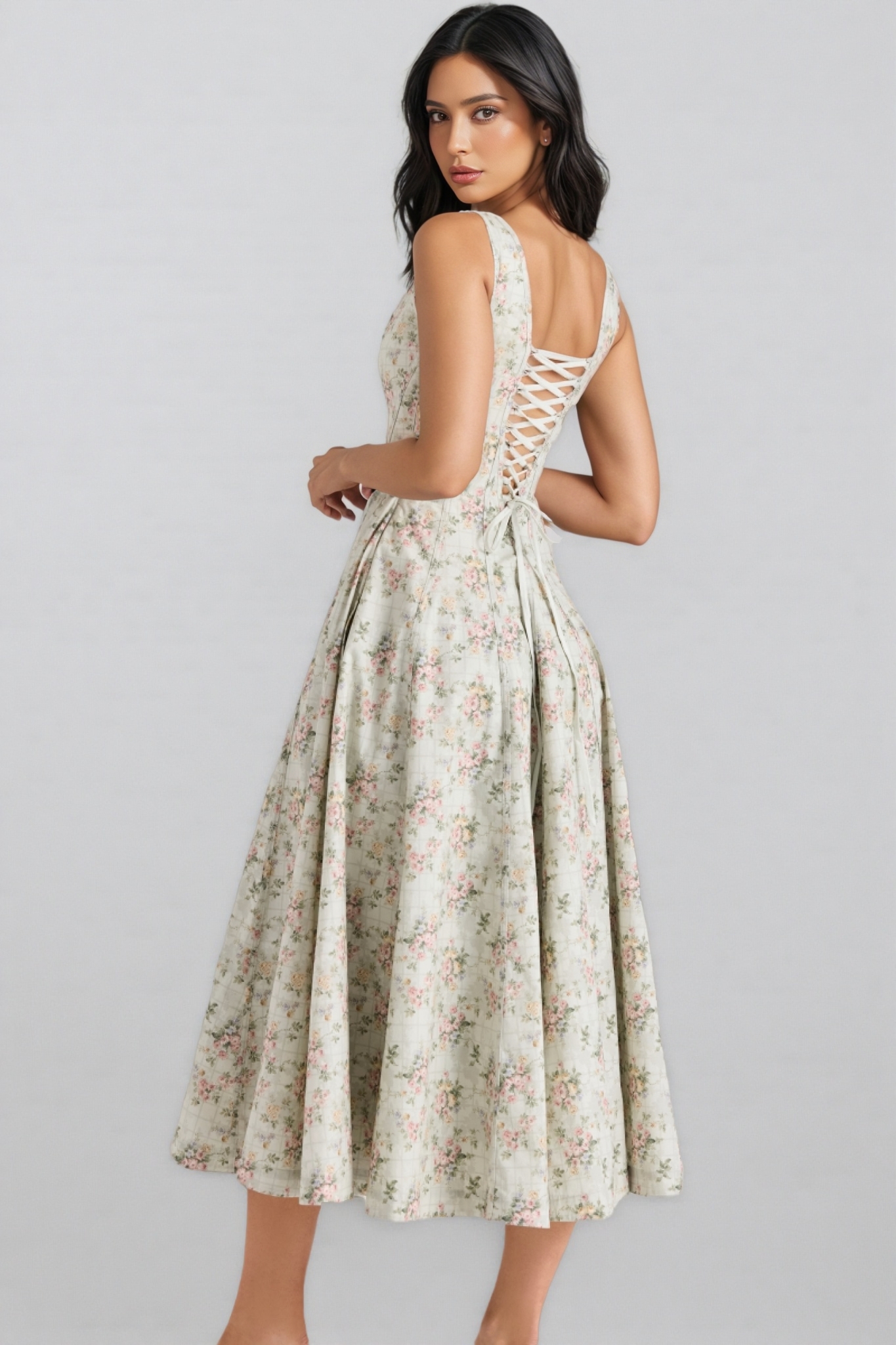 Ariaf Sage Floral Print Cotton Midi Dress