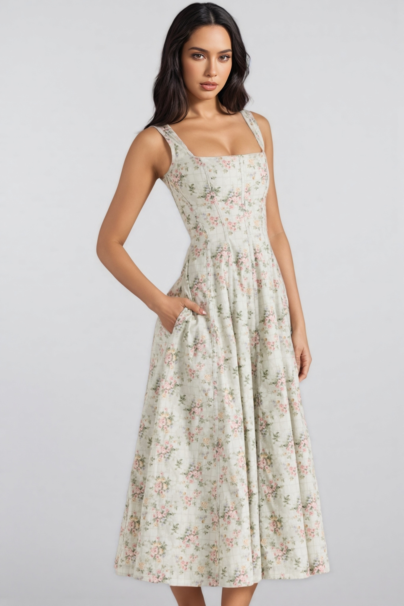 Ariaf Sage Floral Print Cotton Midi Dress