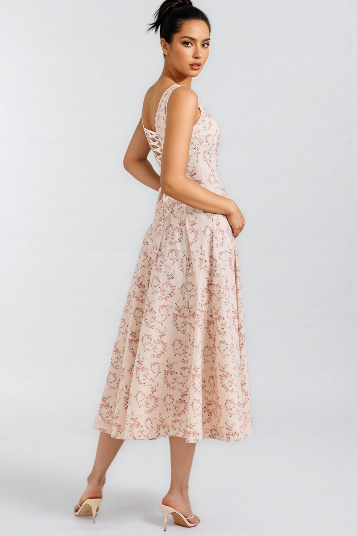 Arwent Floral Print Cotton Midi Dress
