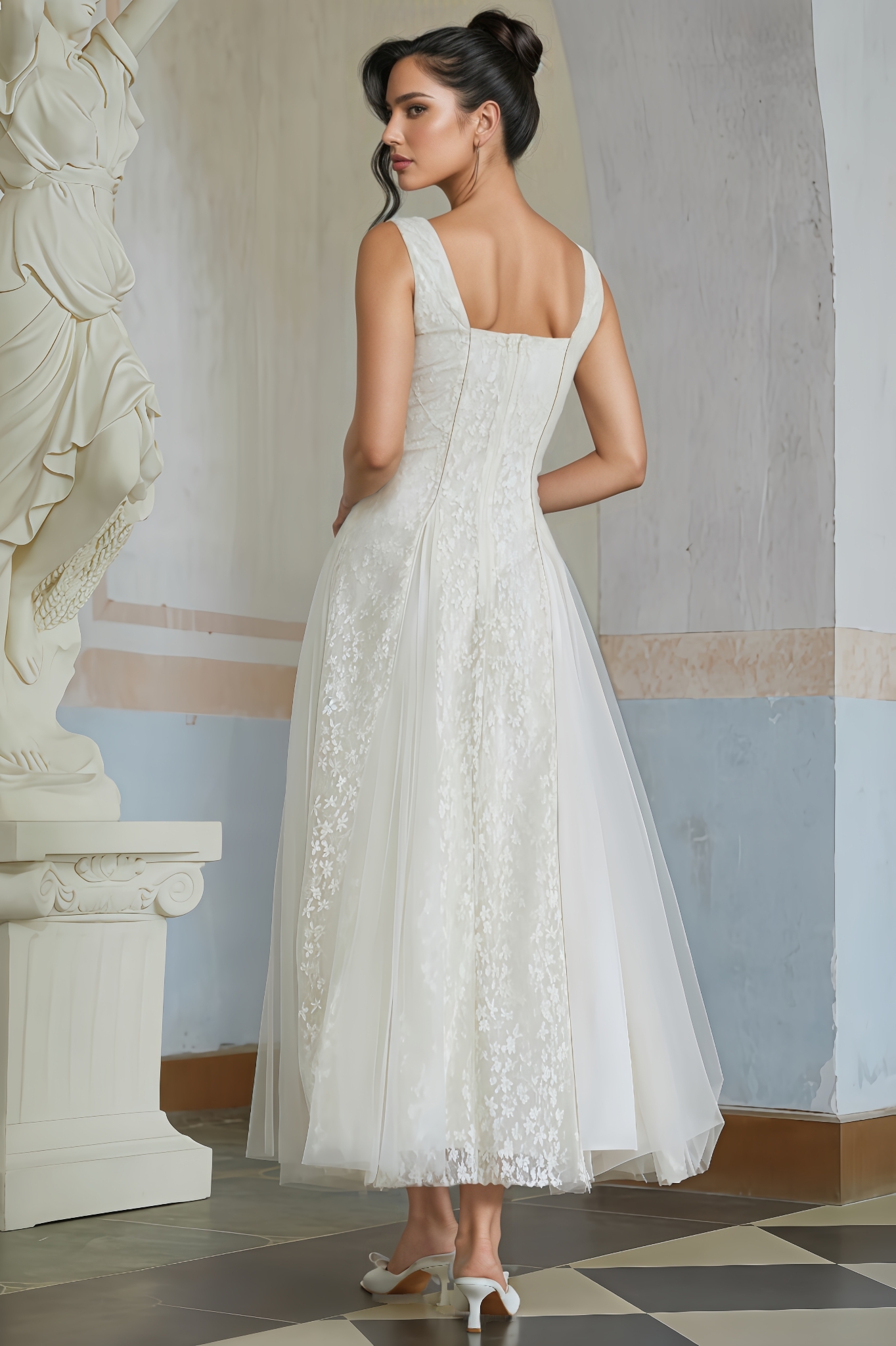 Nerir Neutral Tulle Panel Lace Maxi Dress