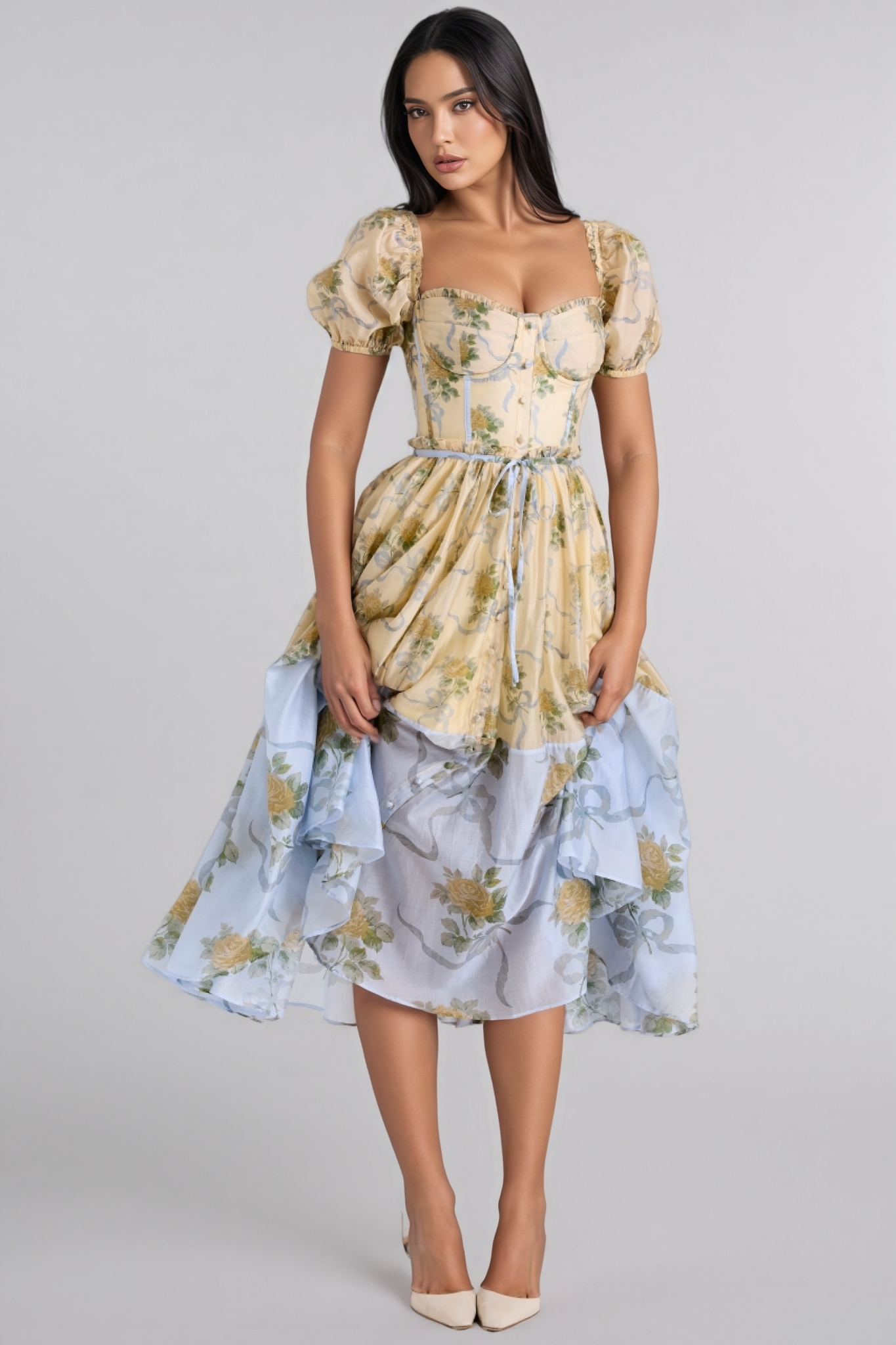 Azurt Yellow Vintage Rose Chiffon Midi Dress
