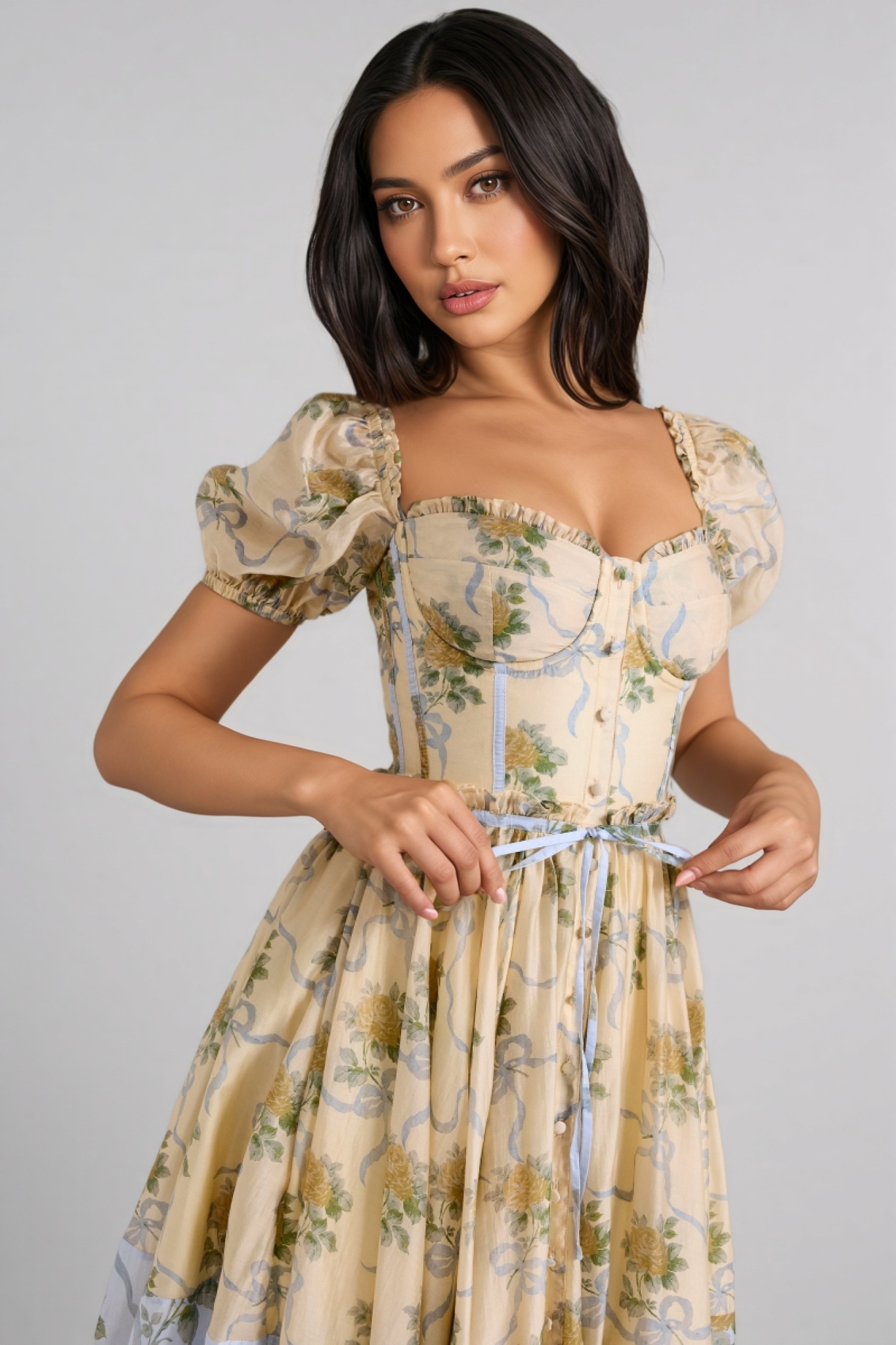 Azurt Yellow Vintage Rose Chiffon Midi Dress