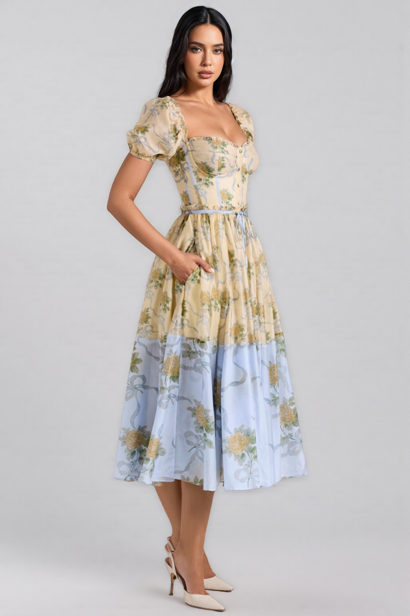 Azurt Yellow Vintage Rose Chiffon Midi Dress
