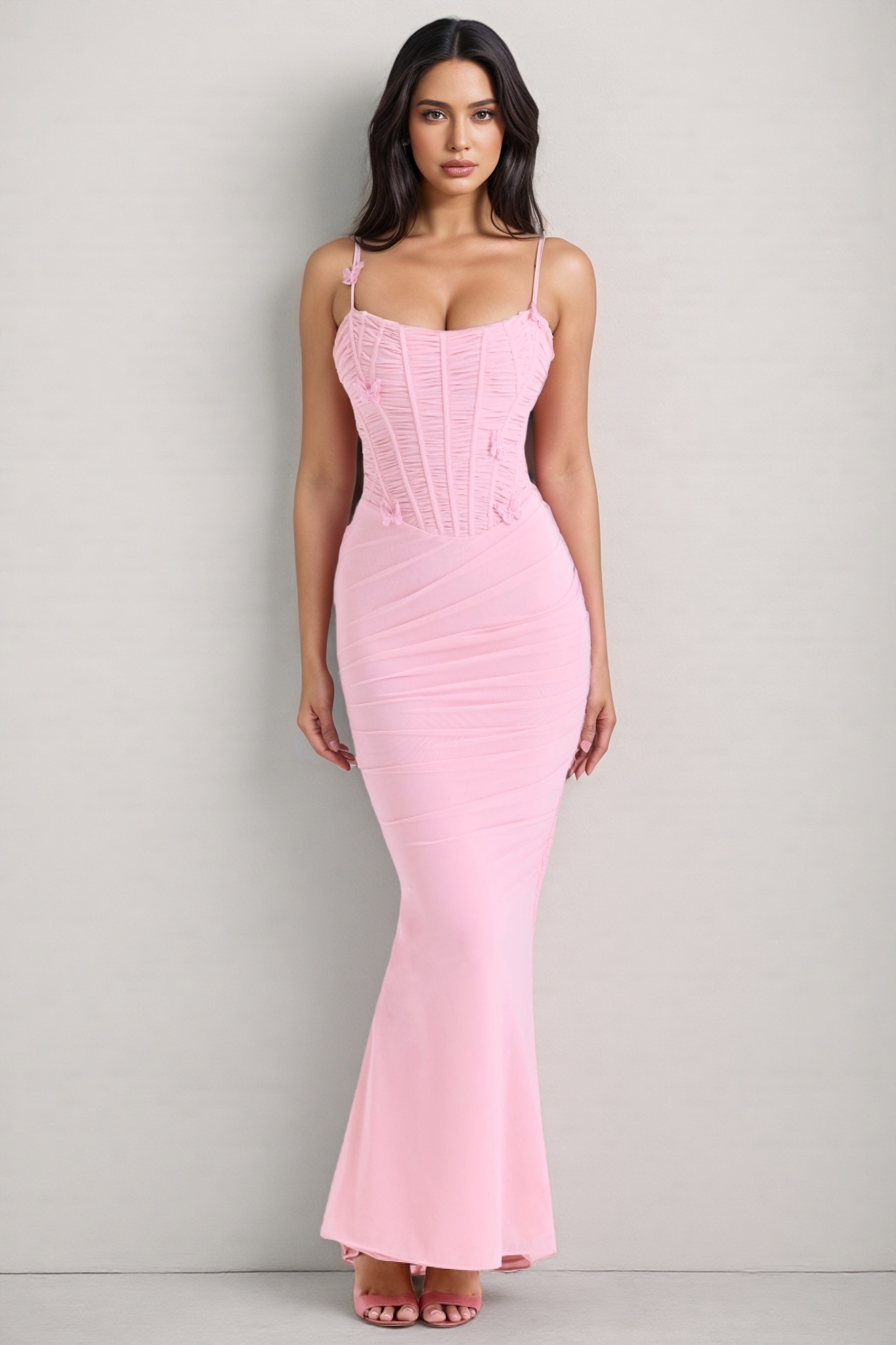 Ursin Pink Stretch Mesh Butterfly Maxi Dress